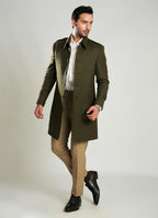 Dark Olive - Wool-Rich Worsted Tweed Long Coat
