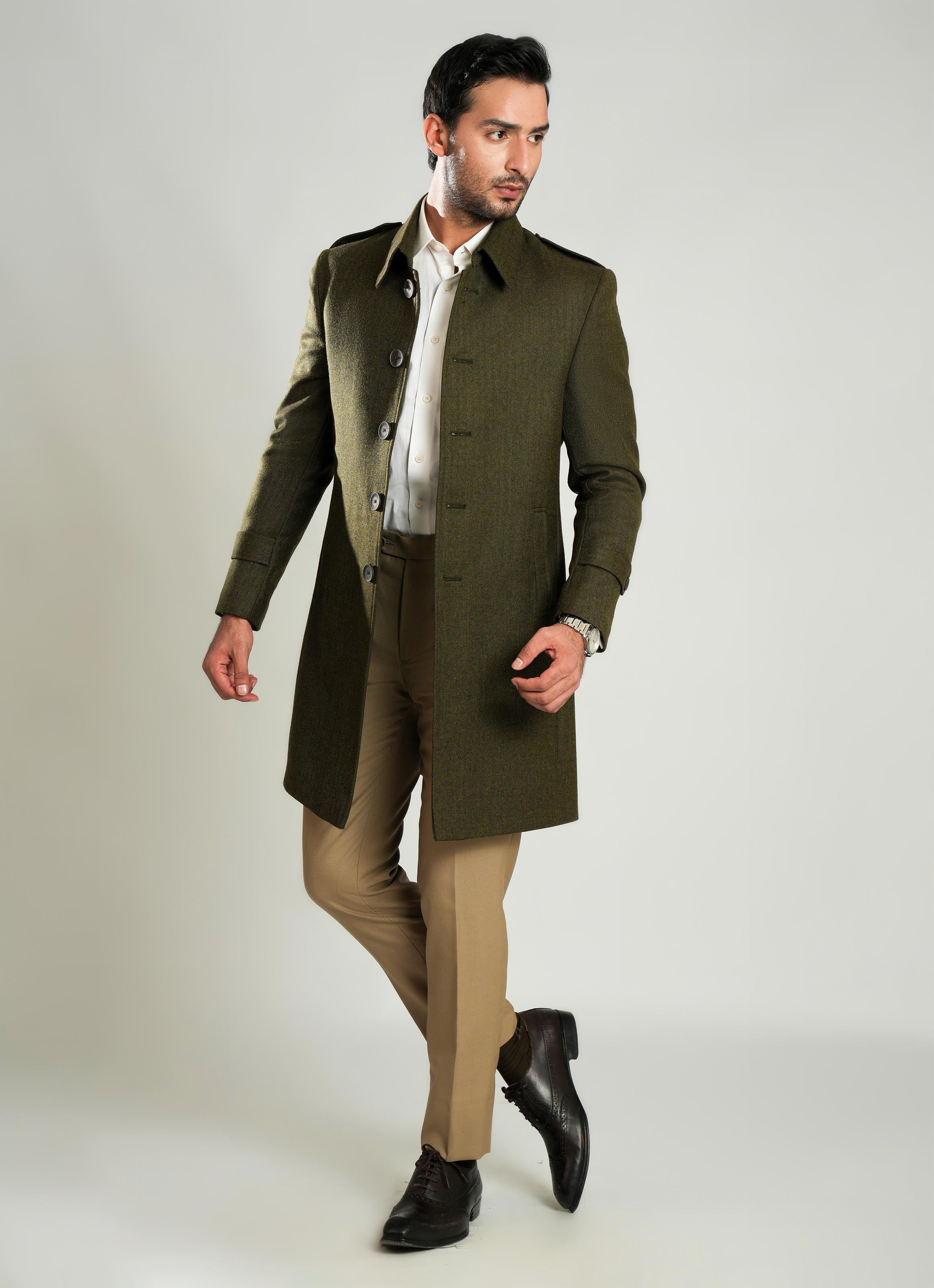 Dark Olive - Wool-Rich Worsted Tweed Long Coat