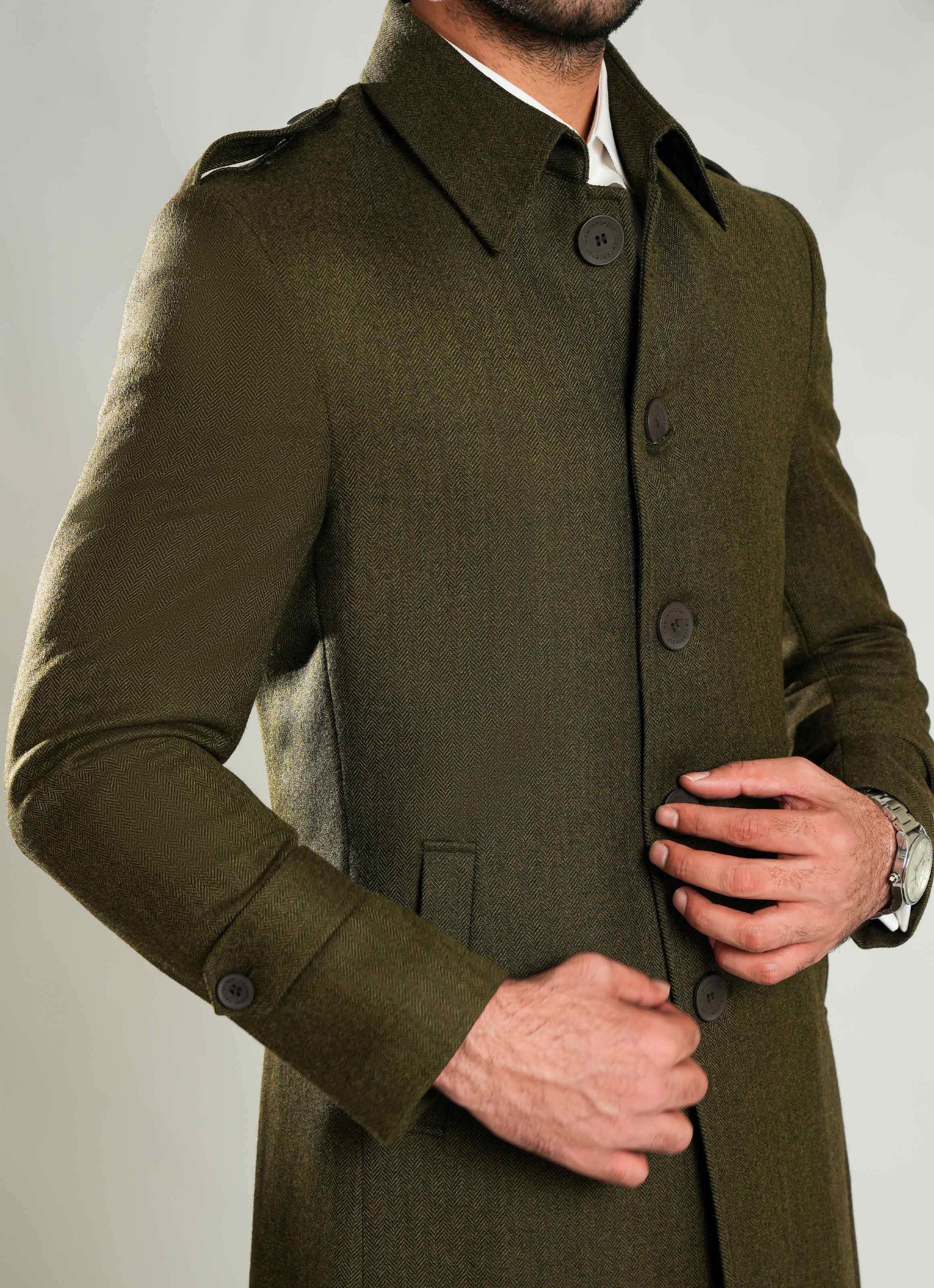 Dark Olive - Wool-Rich Worsted Tweed Long Coat Secondary image