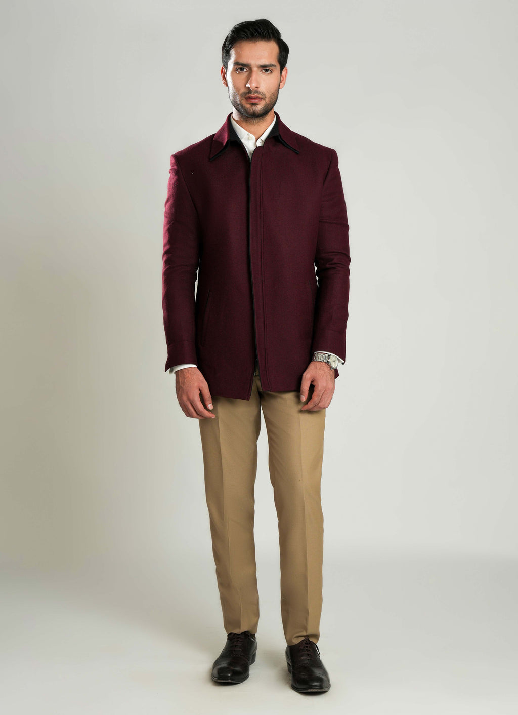 Maroon Plain Double Collar Jacket - Wool Blend Tweed, Winter Men Coat