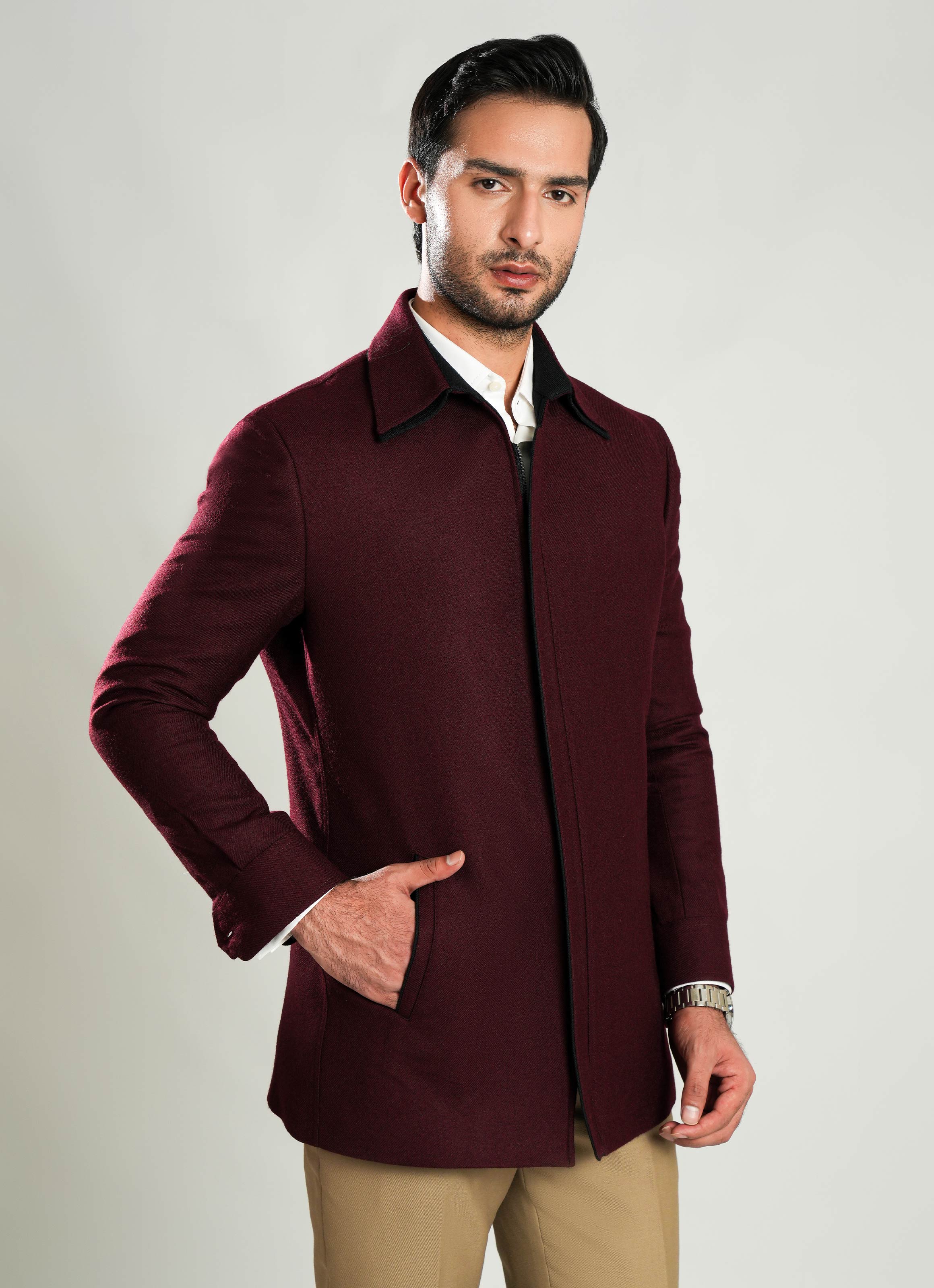 Lawrencepur men's maroon plain tweed jacket with double collar Main image