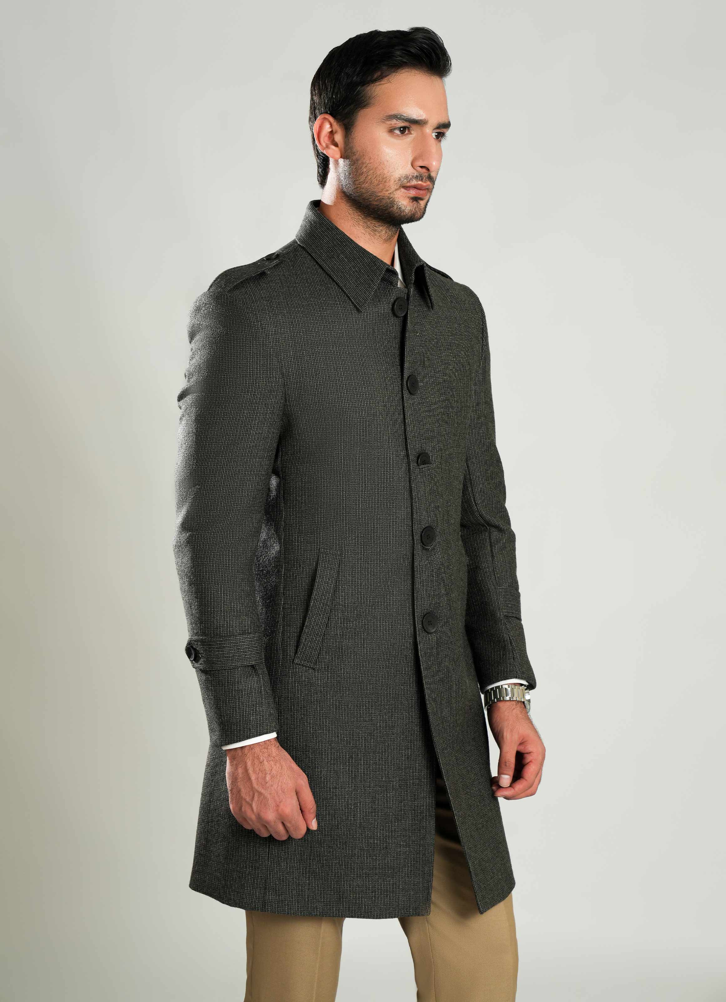 Lawrencepur checkered wool-rich worsted tweed long coat for men in winter. Main image