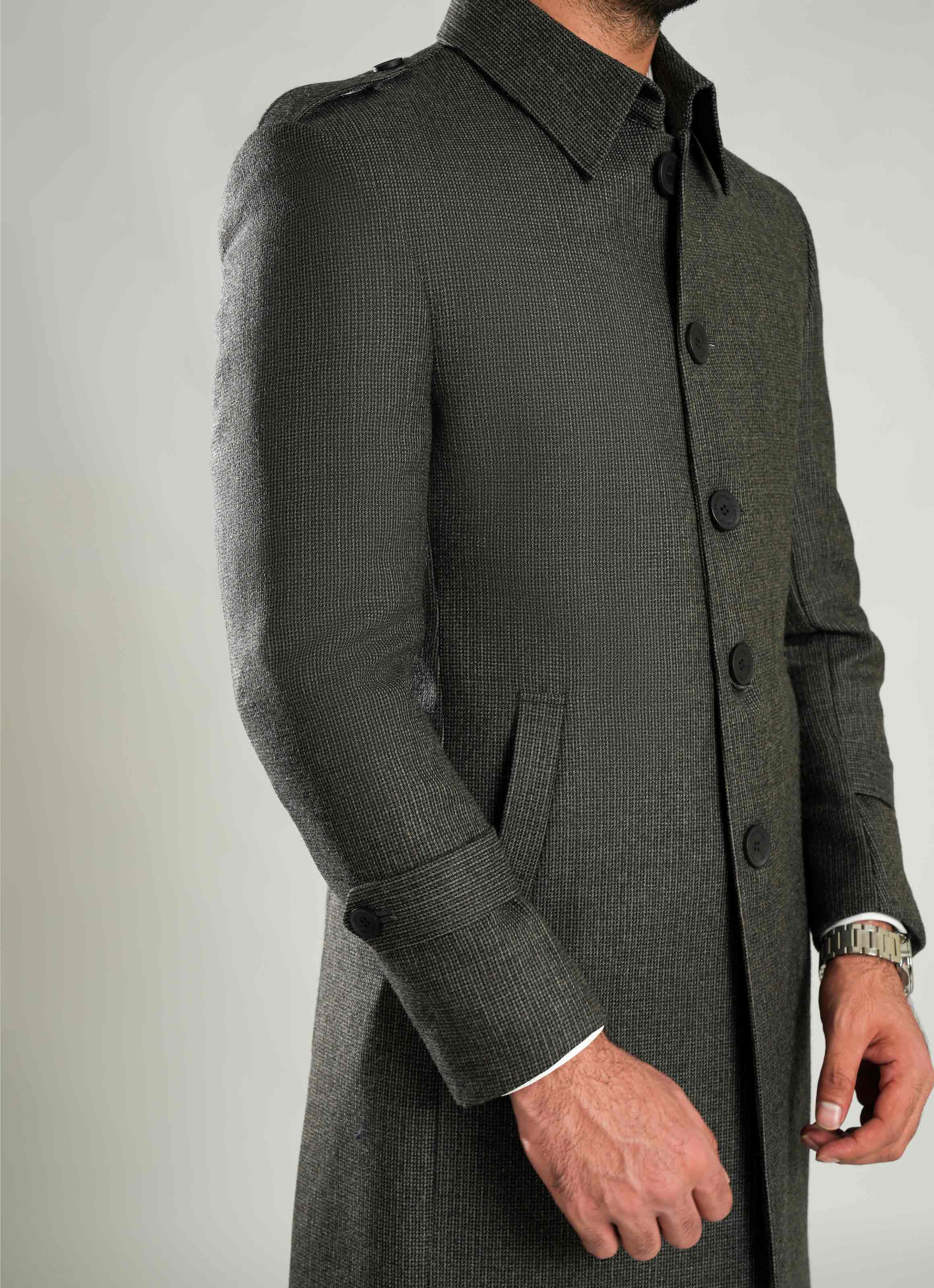 Dark Grey - Checkered Wool-Rich Worsted Tweed Long Coat Secondary image