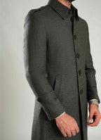 Checkered Long Coat - Wool Rich Worsted Tweed, Winter Men Jacket