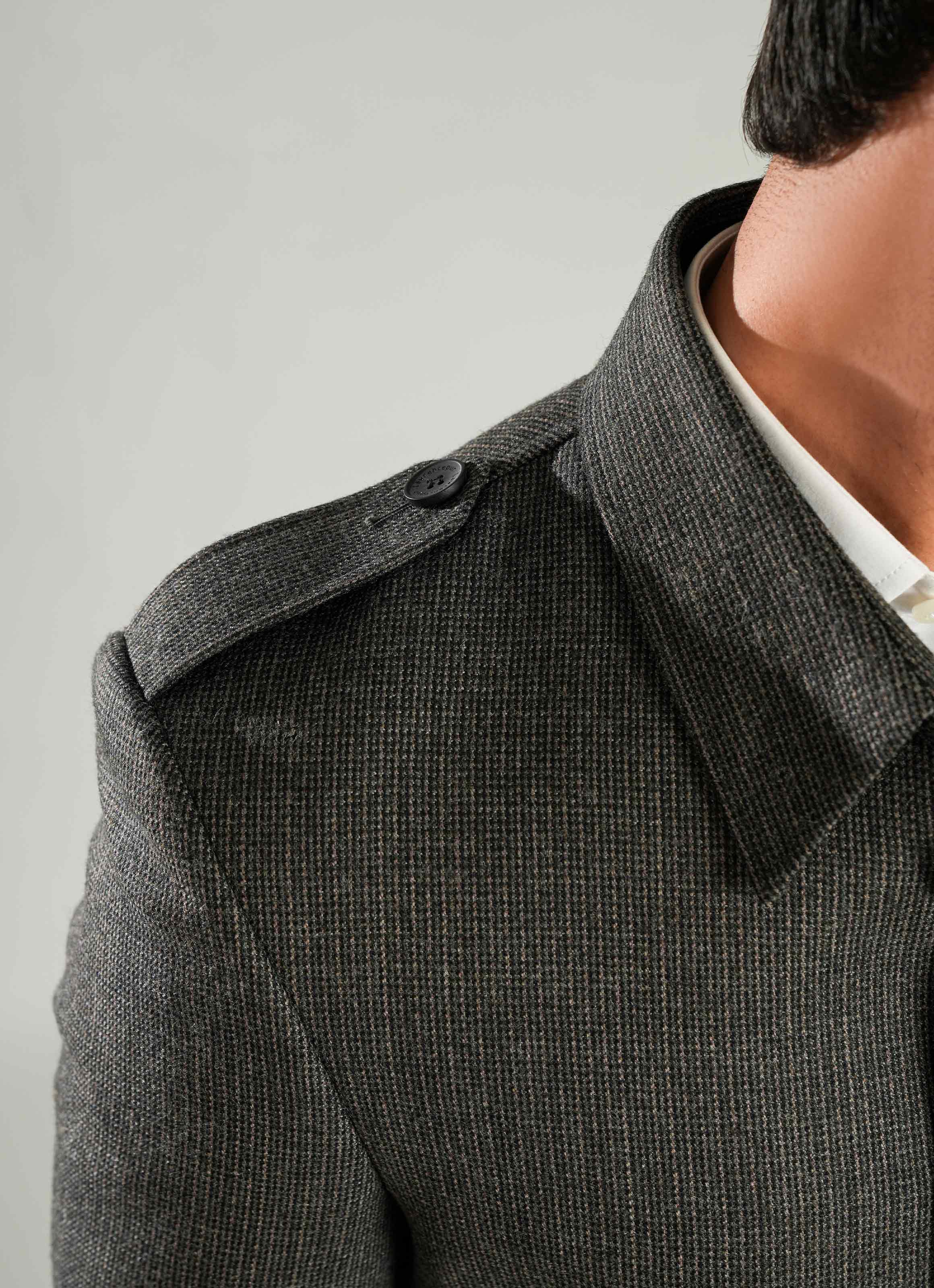 Dark Grey - Checkered Wool-Rich Worsted Tweed Long Coat