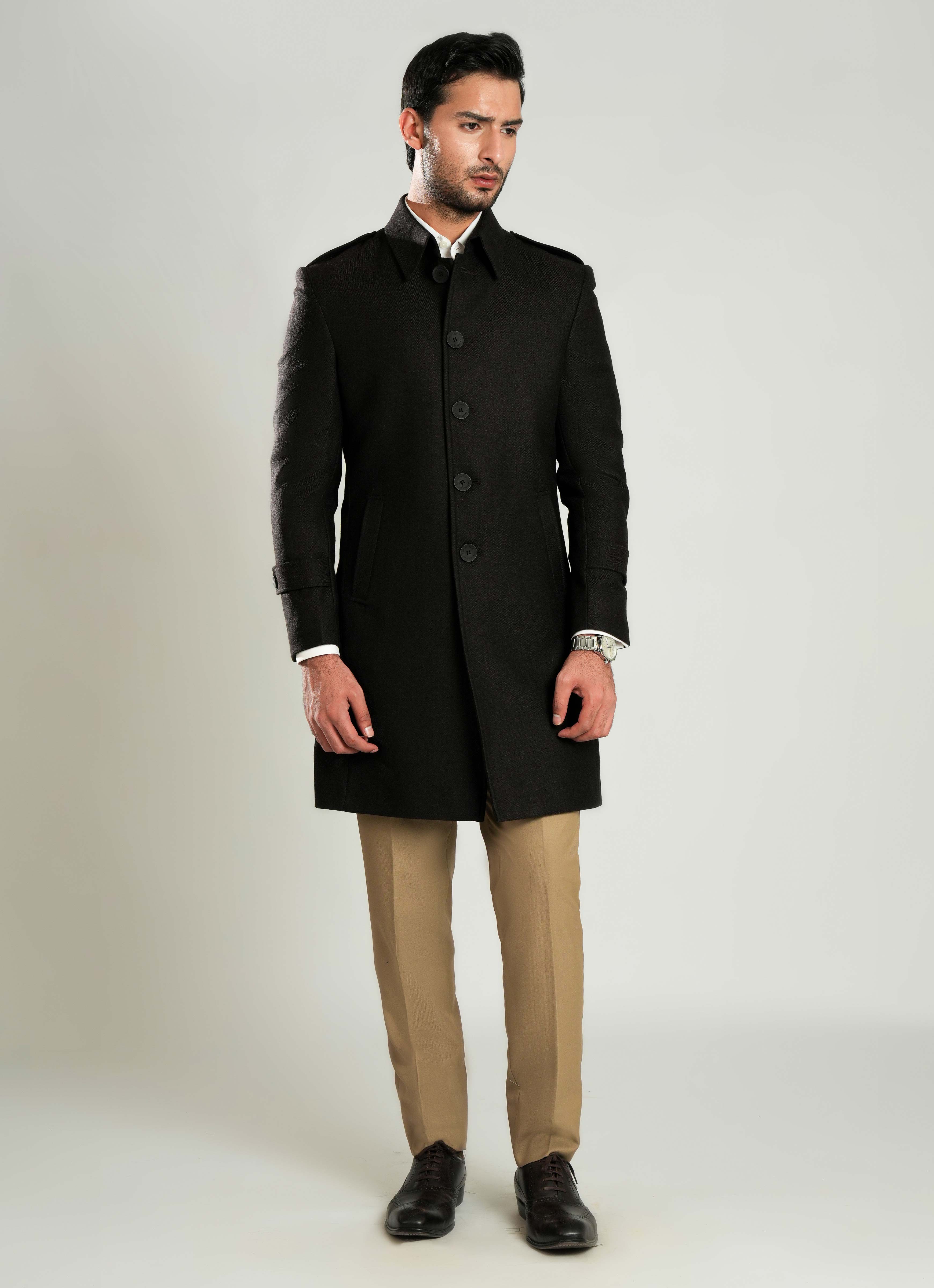 Lawrencepur brown self-striped wool-rich worsted tweed long coat for winter.