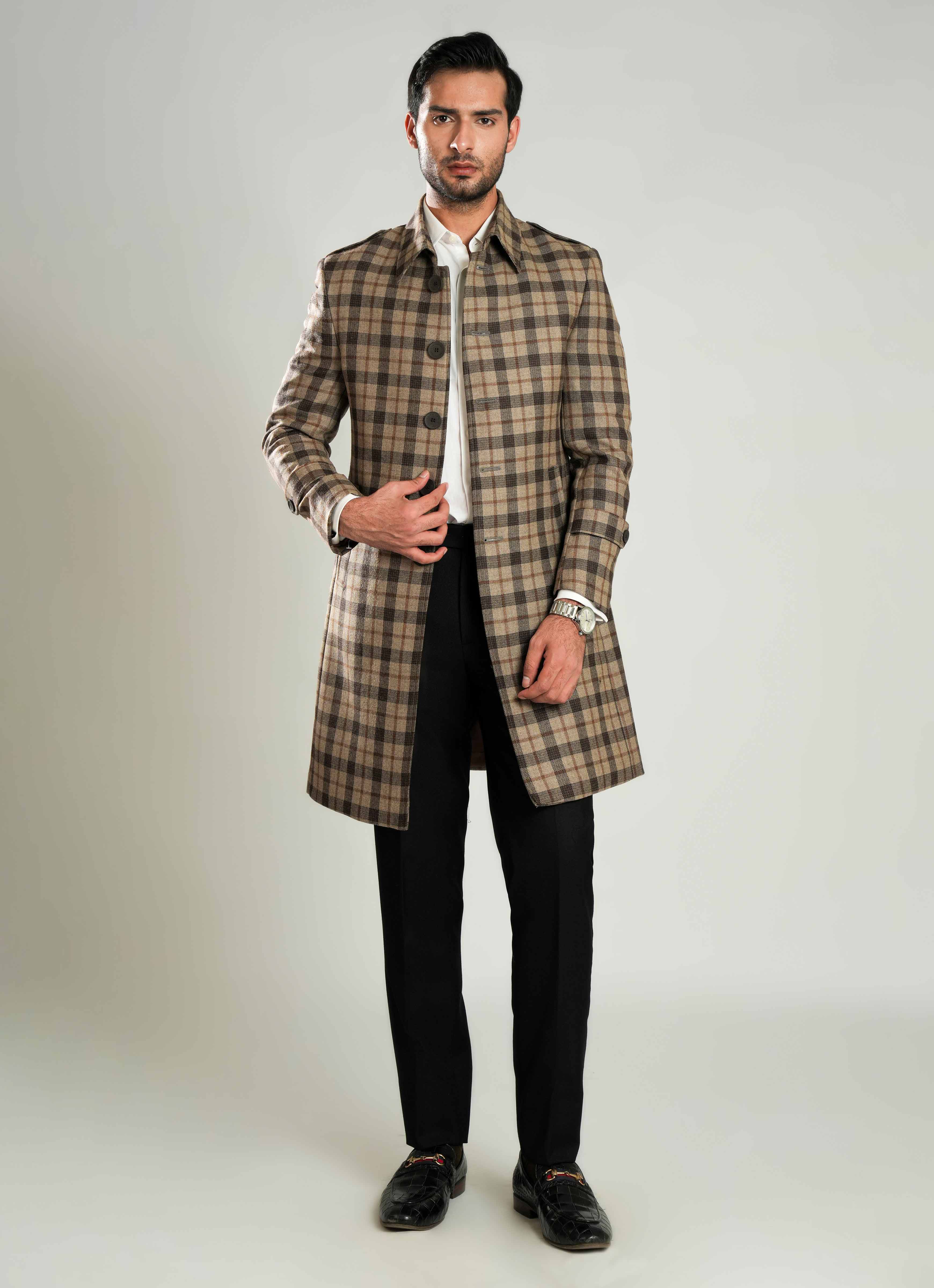 Lawrencepur brown checkered wool-rich worsted tweed long coat for winter. Main image