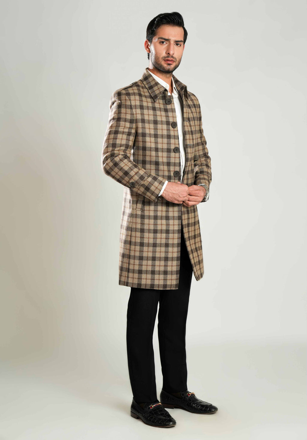 Wool-Rich Worsted Tweed Long Coat