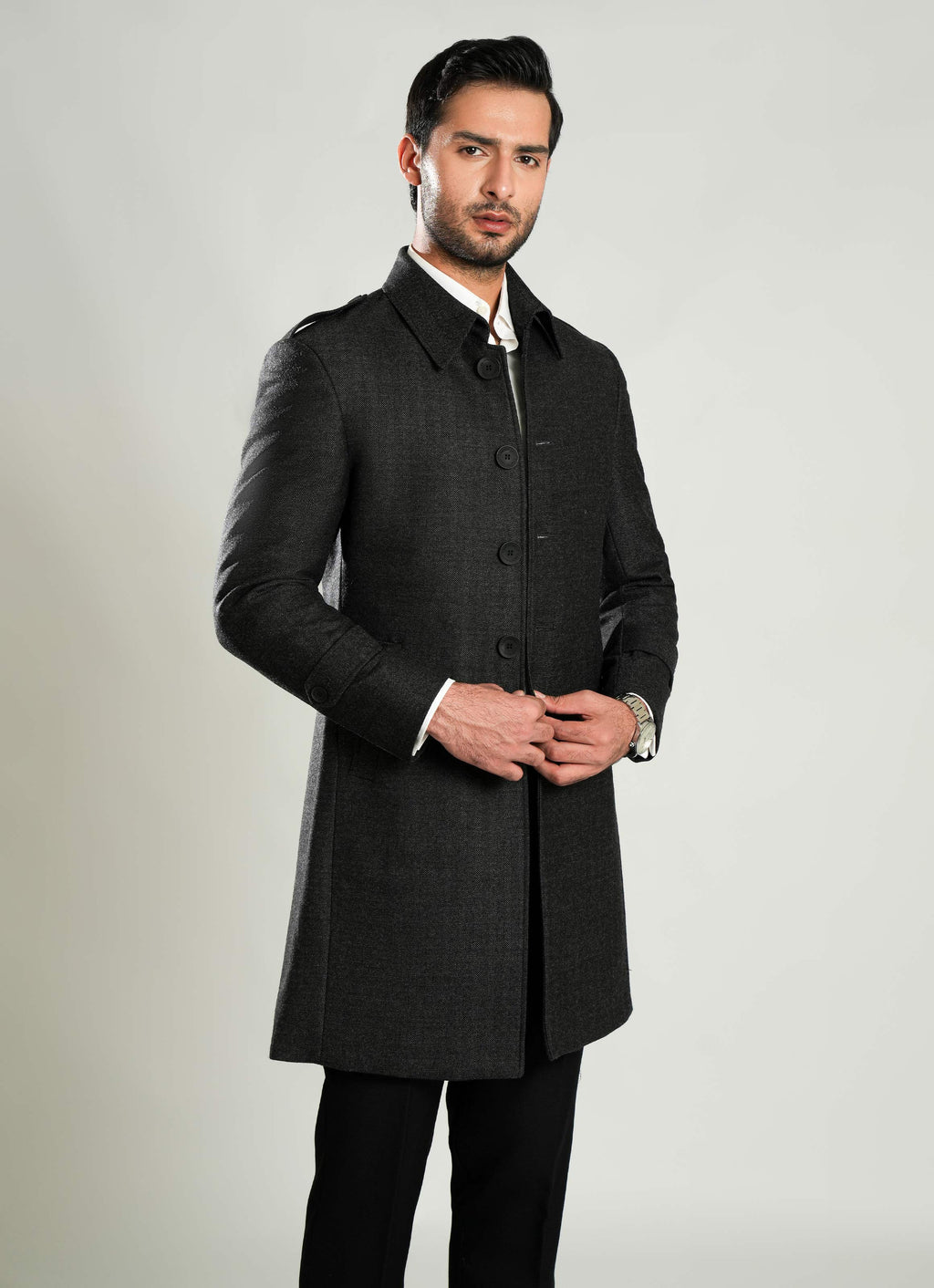 Lawrencepur wool-rich worsted tweed long coat with a textured design for winter.