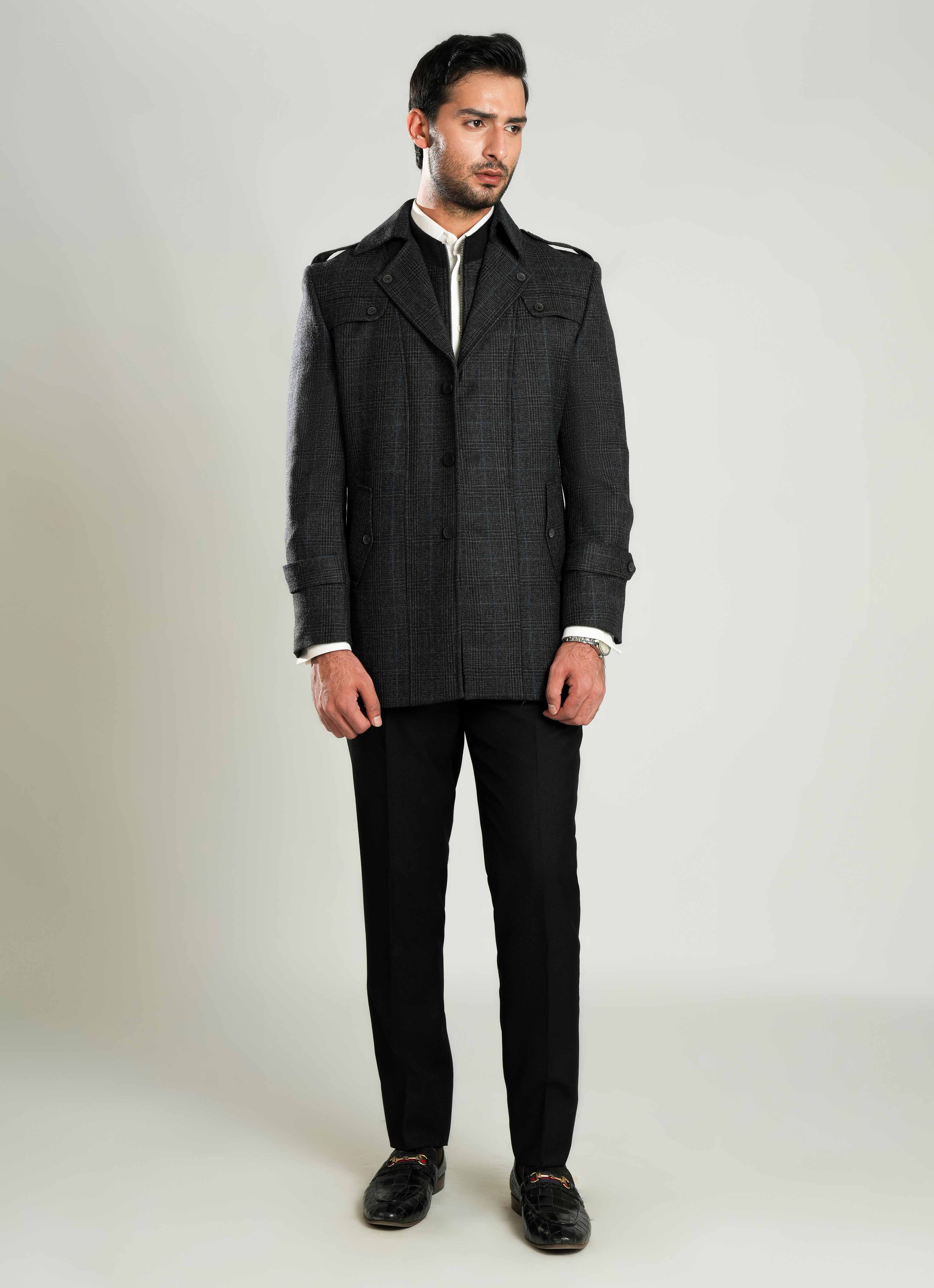 Lawrencepur grey and black checkered worsted tweed double jacket for winter. Main image