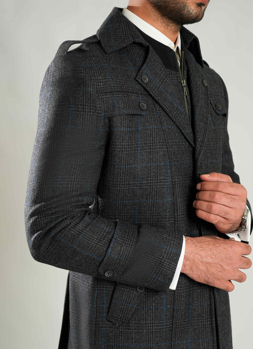 Grey & Black Checks Double Jacket - Wool Blend Tweed, Winter Men Coat