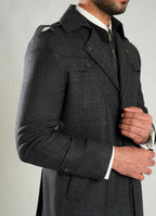 Grey & Black Checks Double Jacket - Wool Blend Tweed, Winter Men Coat