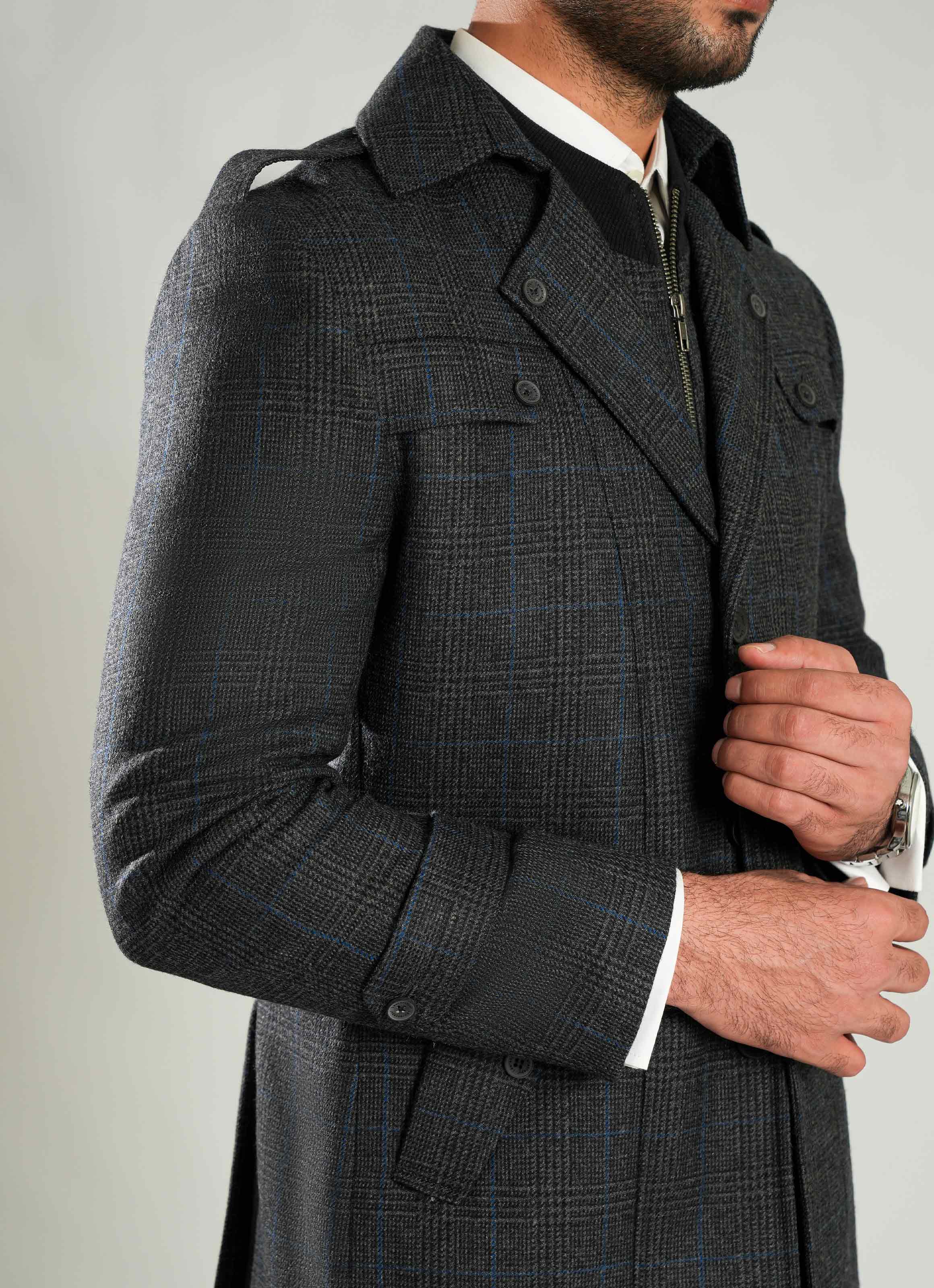 Grey & Black Checks Double Jacket - Wool Blend Tweed, Winter Men Coat
