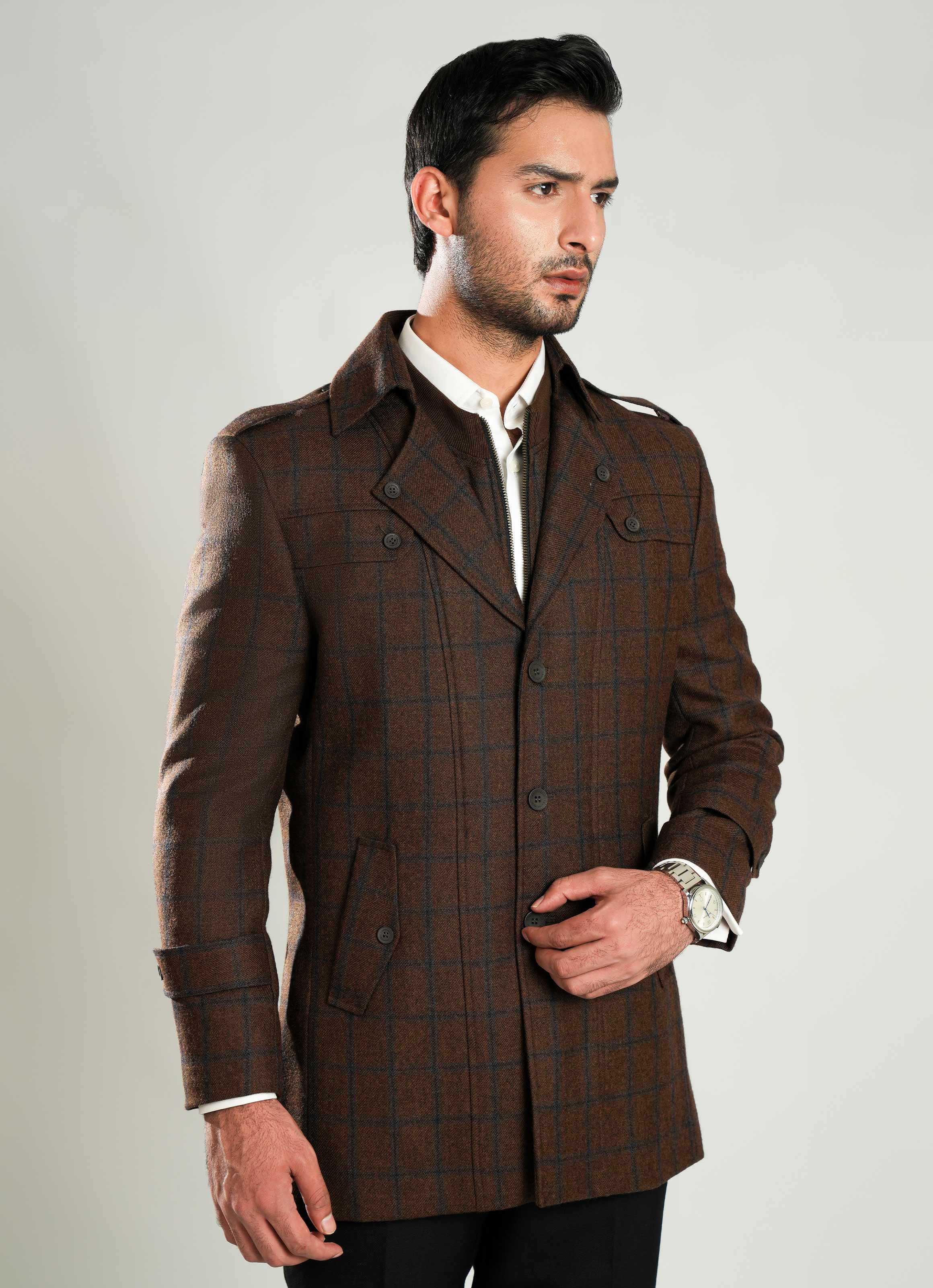 Lawrencepur brown windowpane check worsted tweed double jacket for winter. Main image