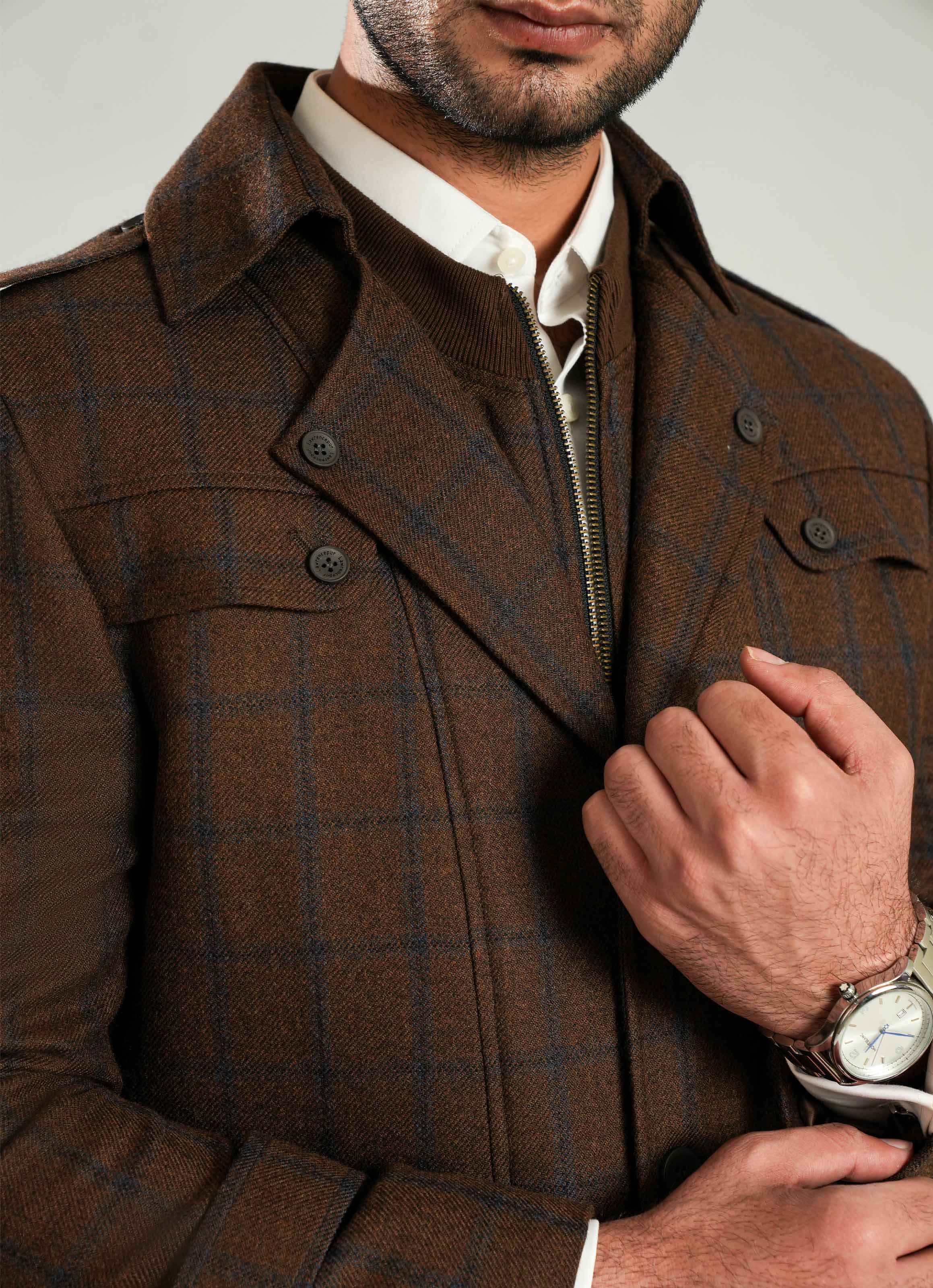 Double Jacket - Worsted Tweed Brown Windowpane Checks Secondary image