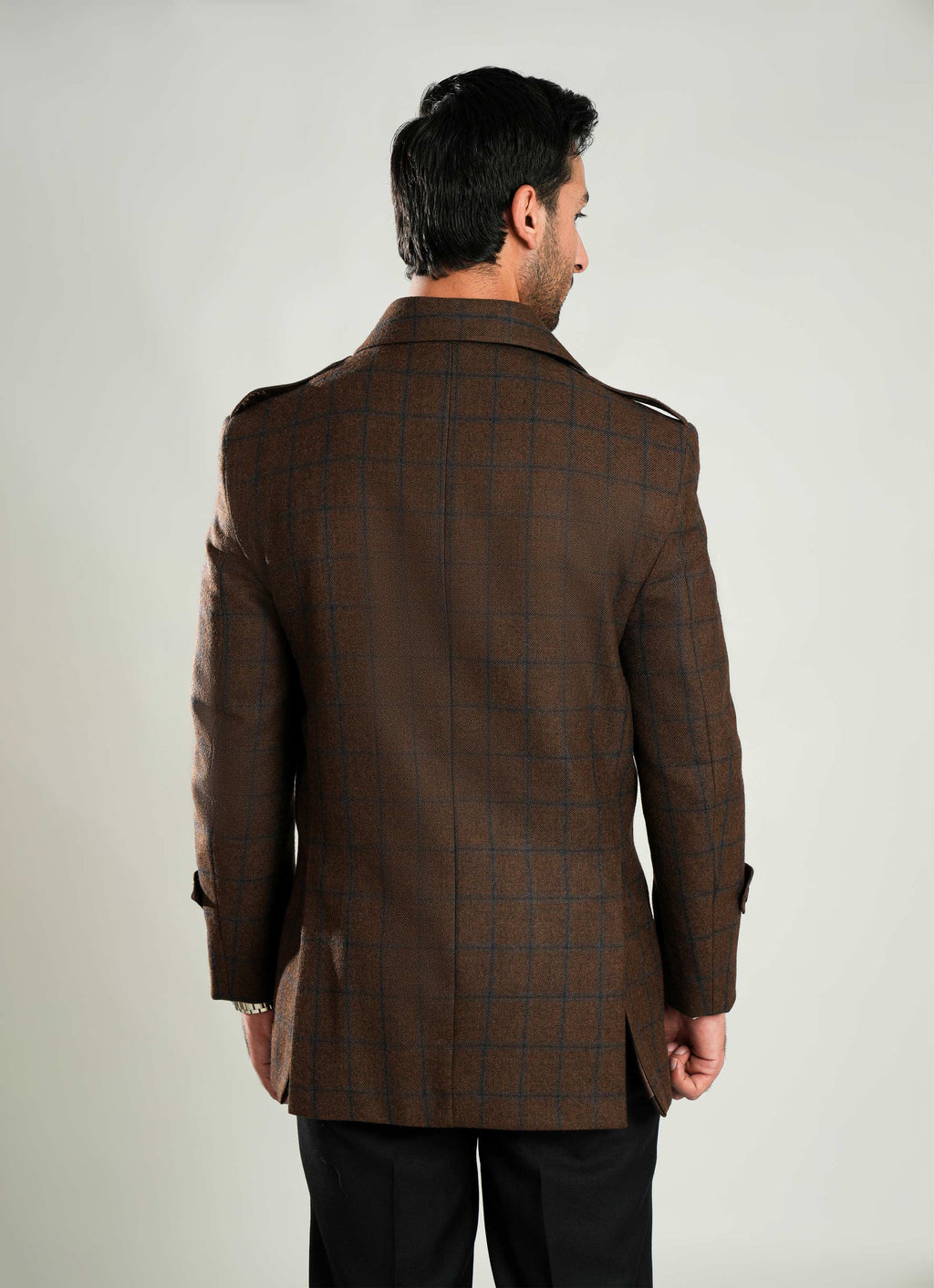 Double Jacket - Worsted Tweed Brown Windowpane Checks
