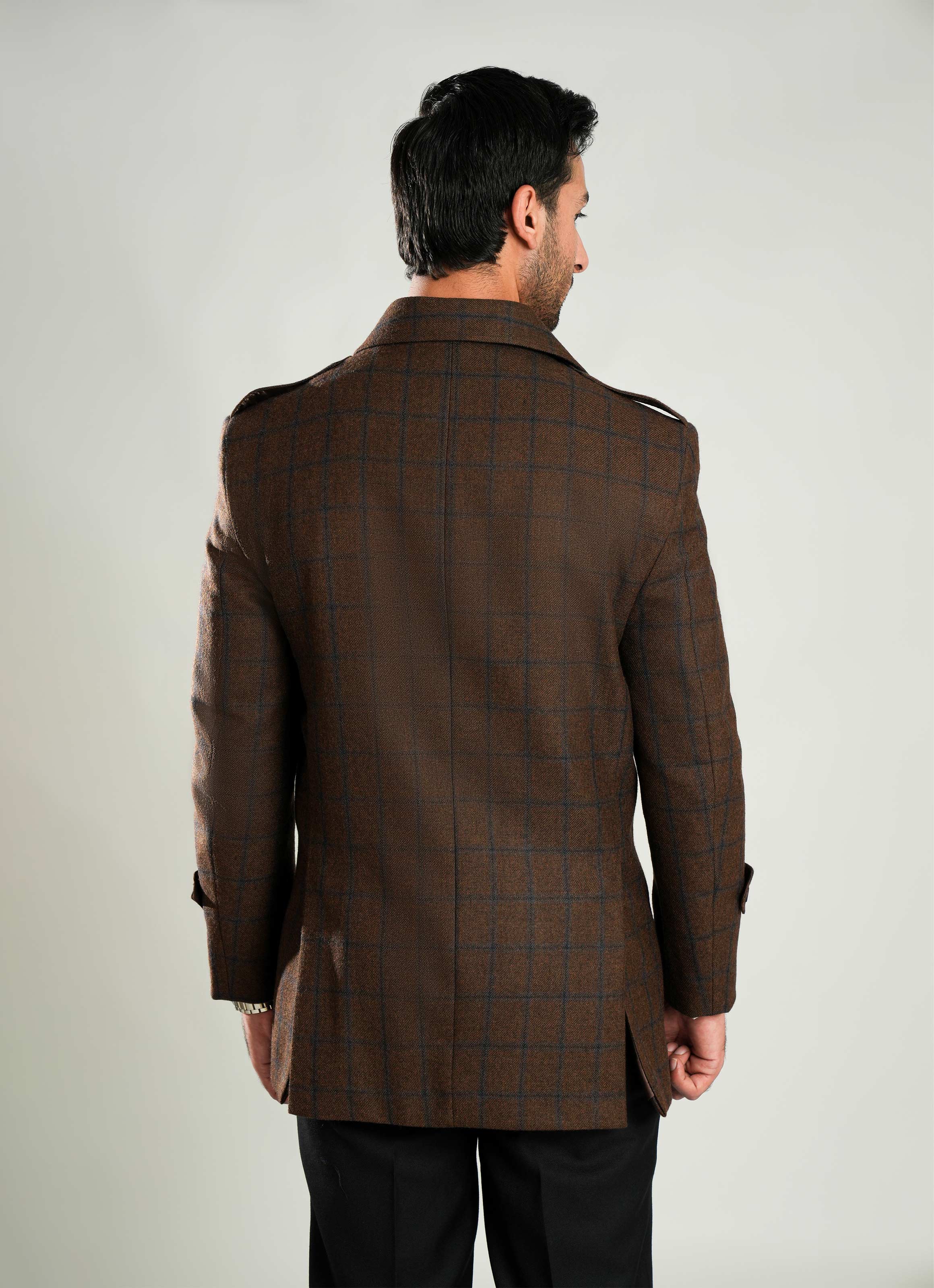 Double Jacket - Worsted Tweed Brown Windowpane Checks