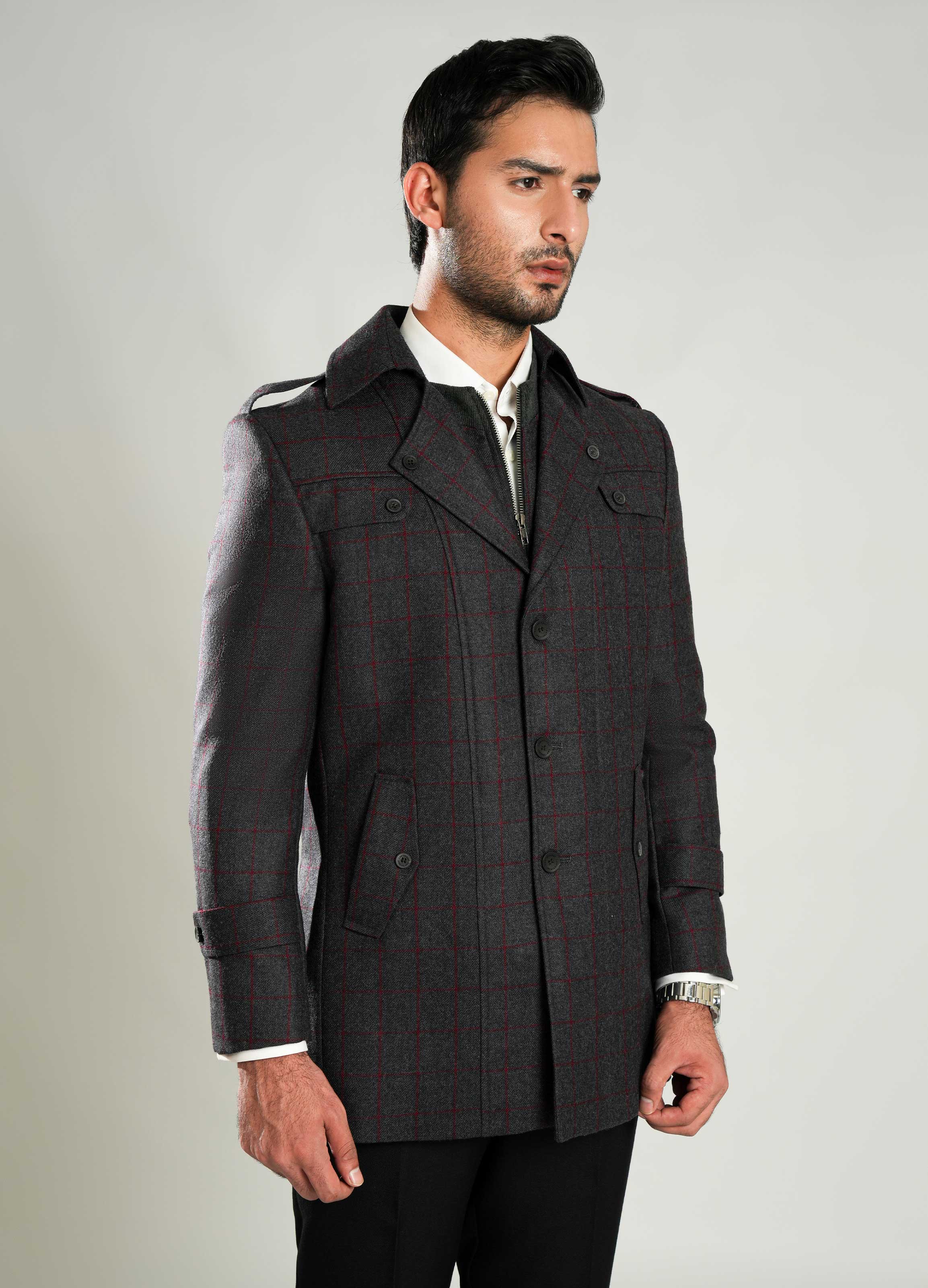 Lawrencepur medium grey checkered worsted tweed double jacket for winter. Main image