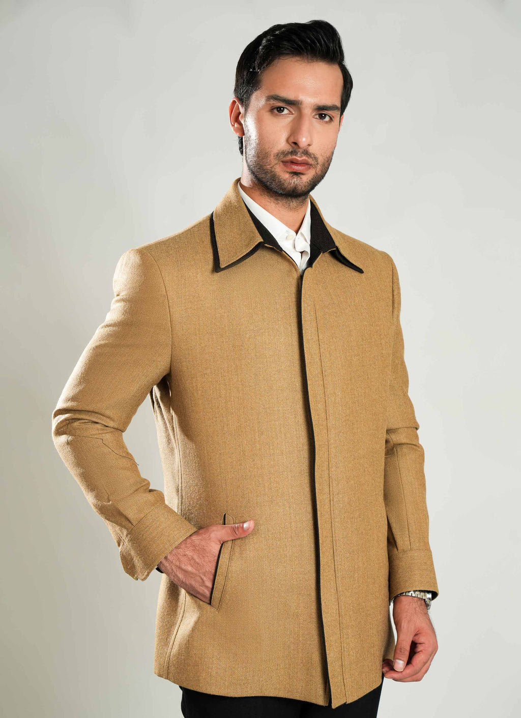 Lawrencepur men's brown double collar tweed blazer jacket for winter