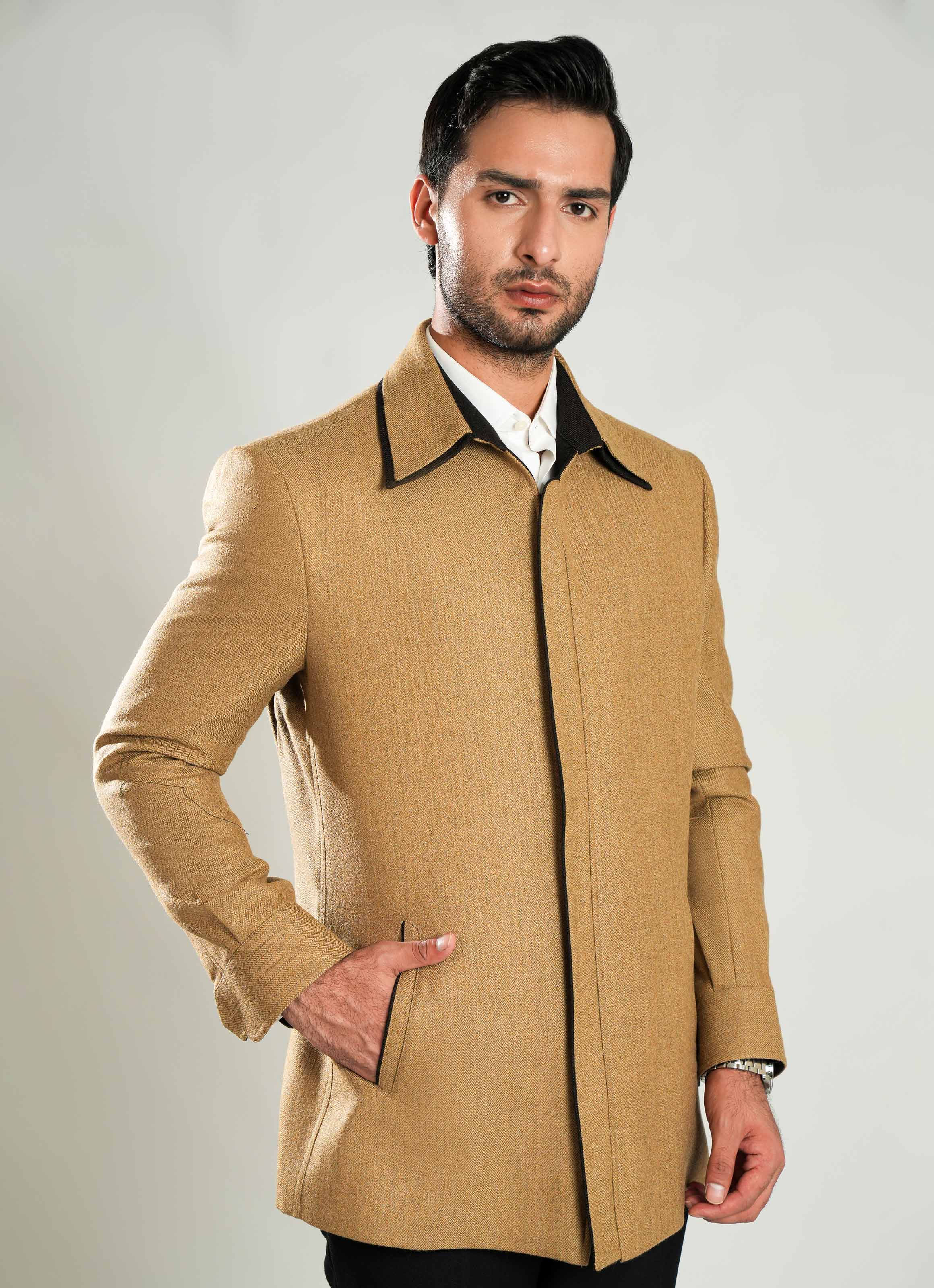 Lawrencepur men's brown double collar tweed blazer jacket for winter
