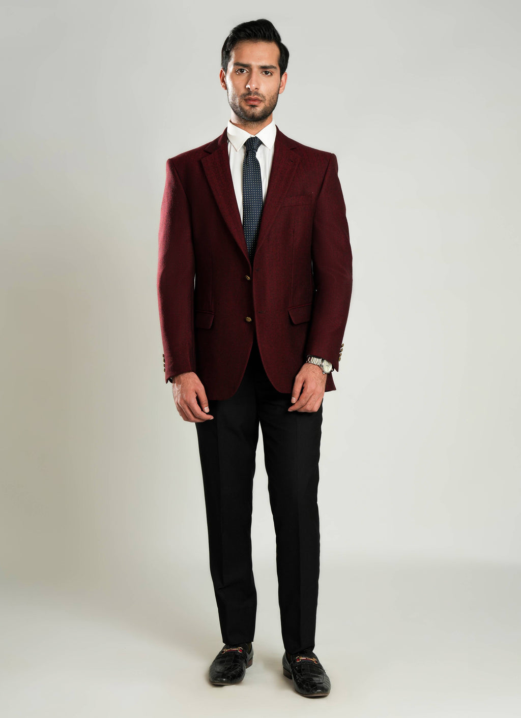 Maroon Herringbone Worsted Tweed Classic Blazer