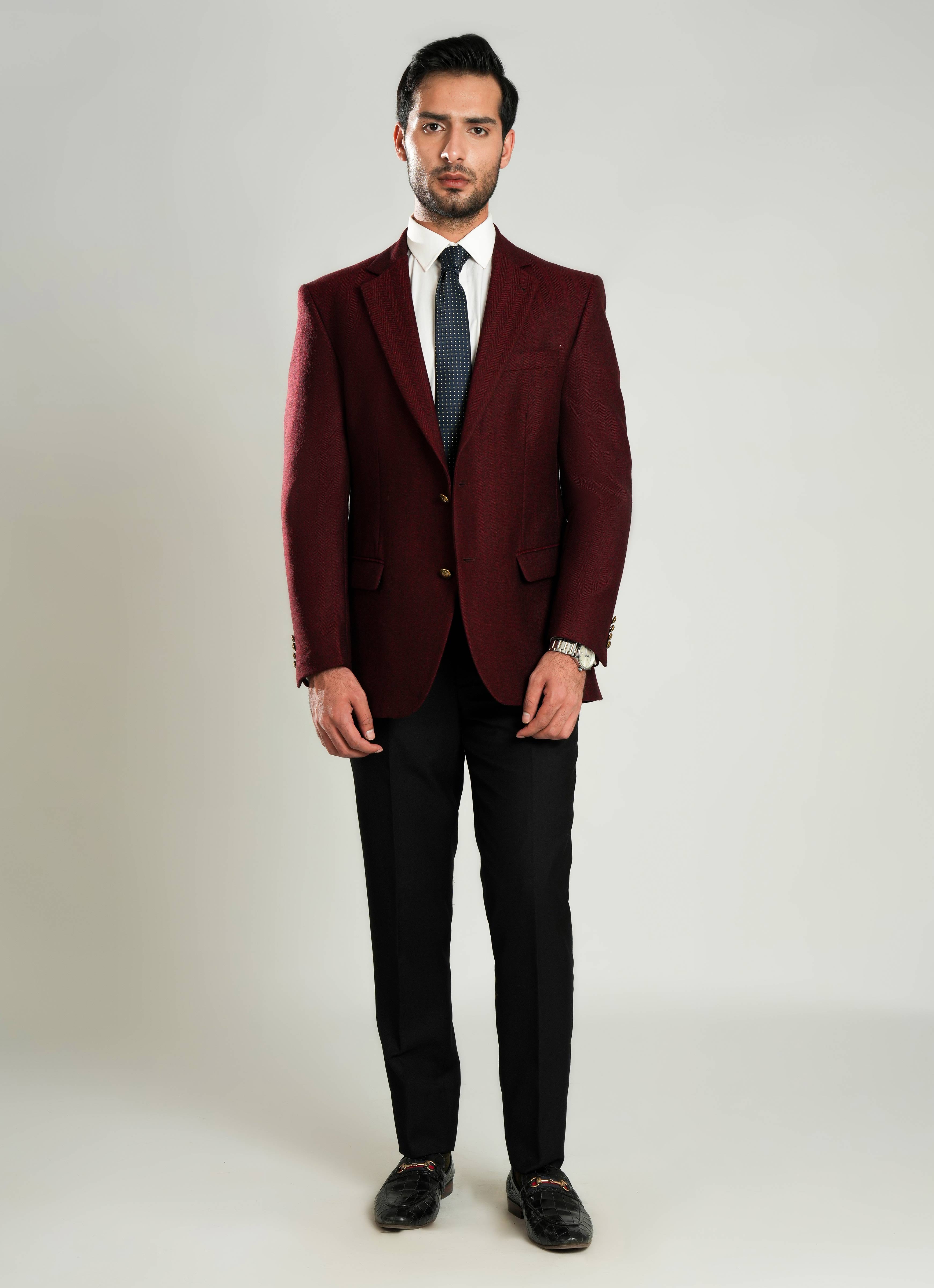 Maroon Herringbone Worsted Tweed Classic Blazer