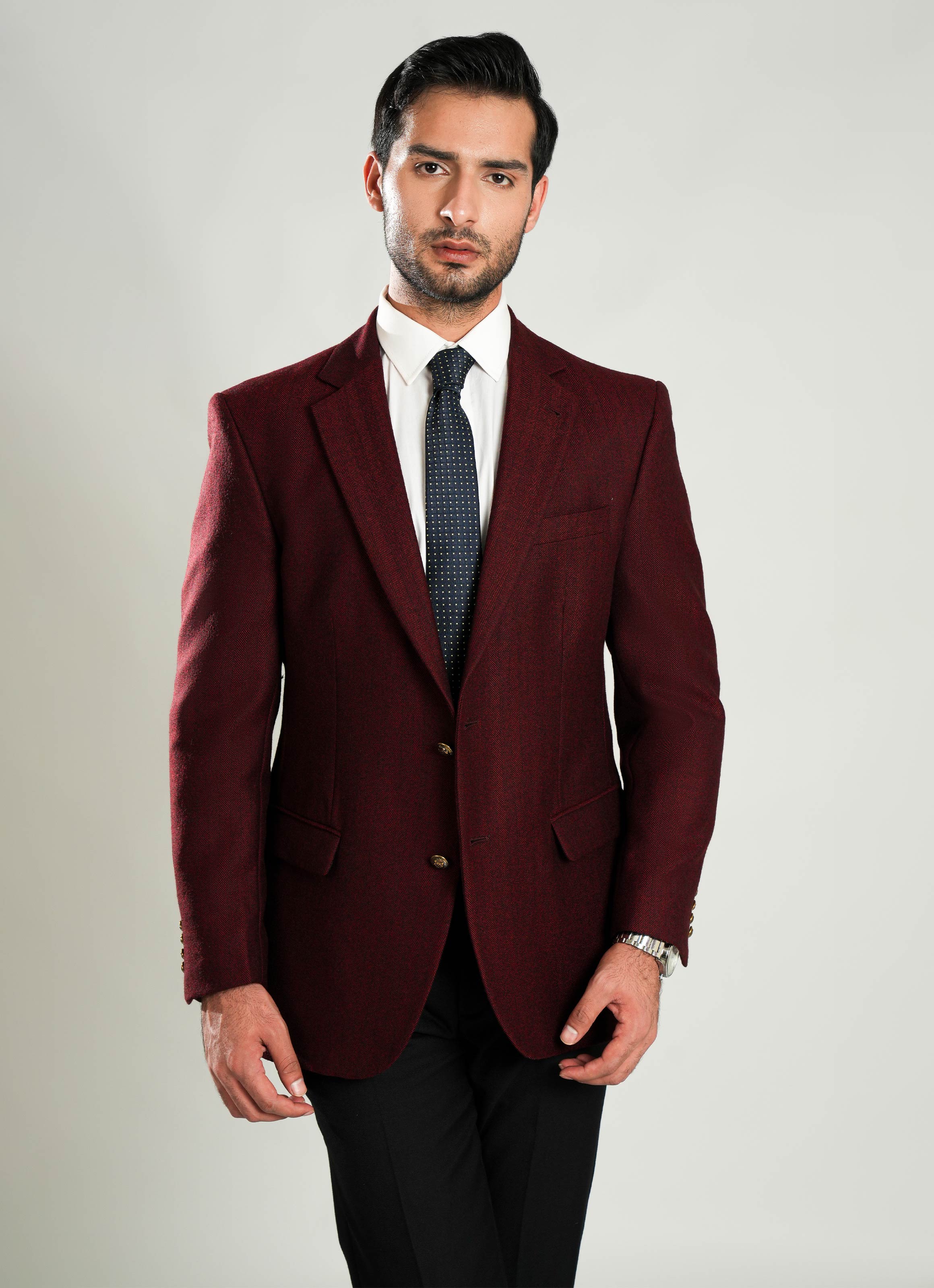 Lawrencepur maroon herringbone worsted tweed blazer for a stylish winter outfit. Main image