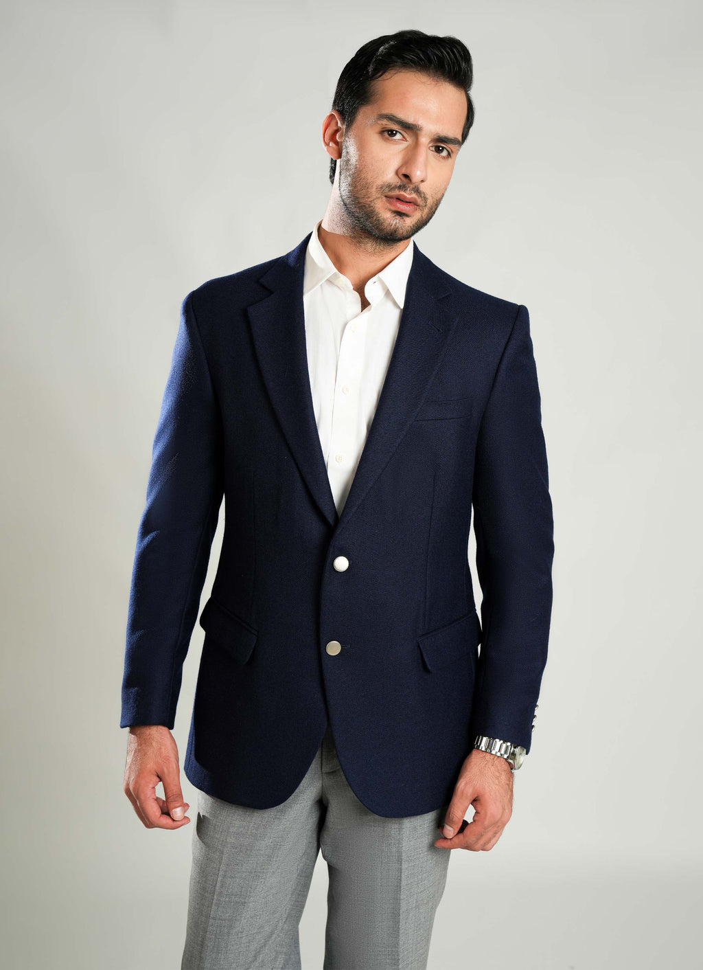 Lawrencepur navy blue plain worsted tweed blazer, a classic wool-polyester jacket.