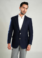 Lawrencepur navy blue plain worsted tweed blazer, a classic wool-polyester jacket.