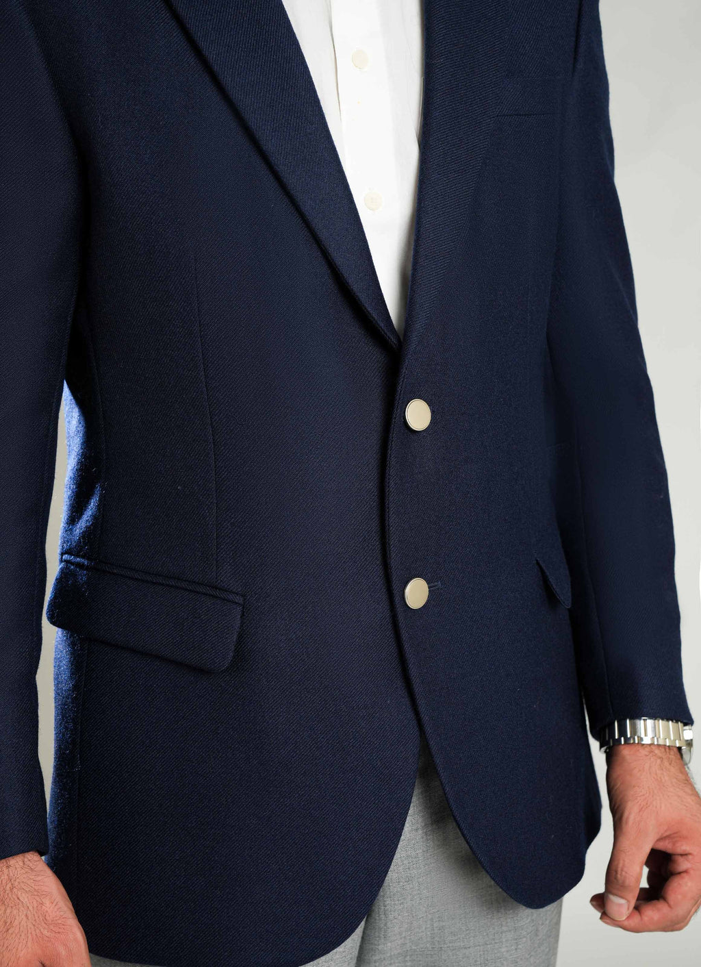 Herringbone Textured Bluish Grey Worsted Tweed Classic Blazer