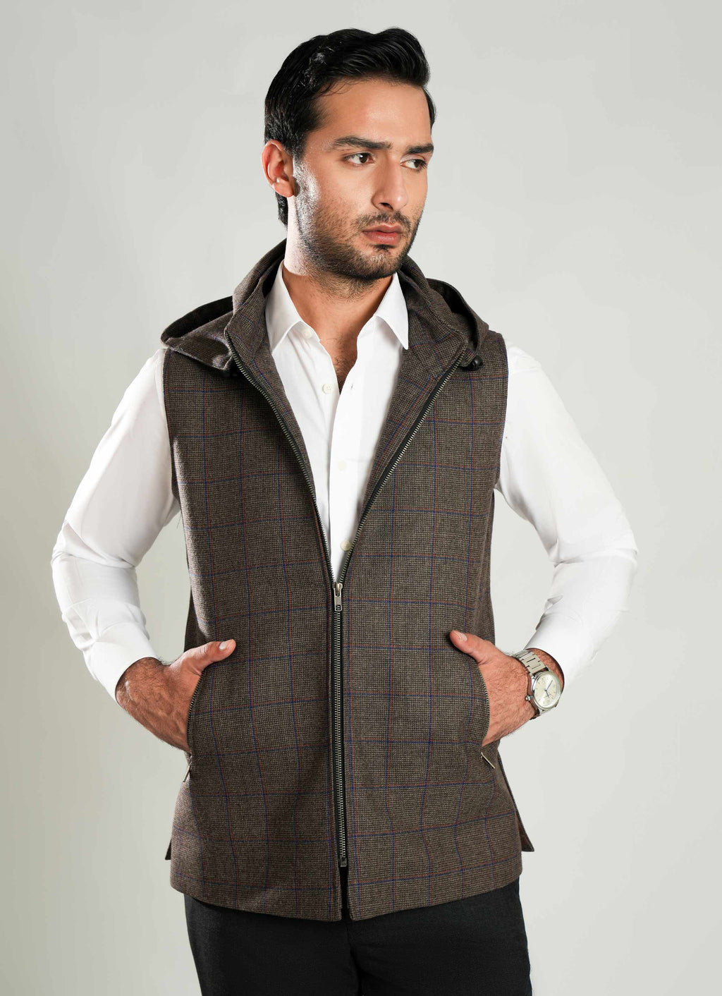 High Neck Sleeveless Hoodies - Worsted Tweed Walnut Brown