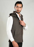 Lawrencepur walnut brown worsted tweed high neck sleeveless hoodie for winter.