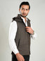 Lawrencepur walnut brown worsted tweed high neck sleeveless hoodie for winter.
