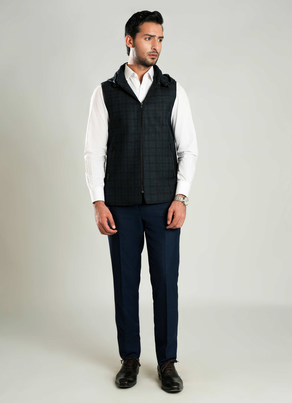 High Neck Sleeveless Hoodies - Worsted Tweed Blue