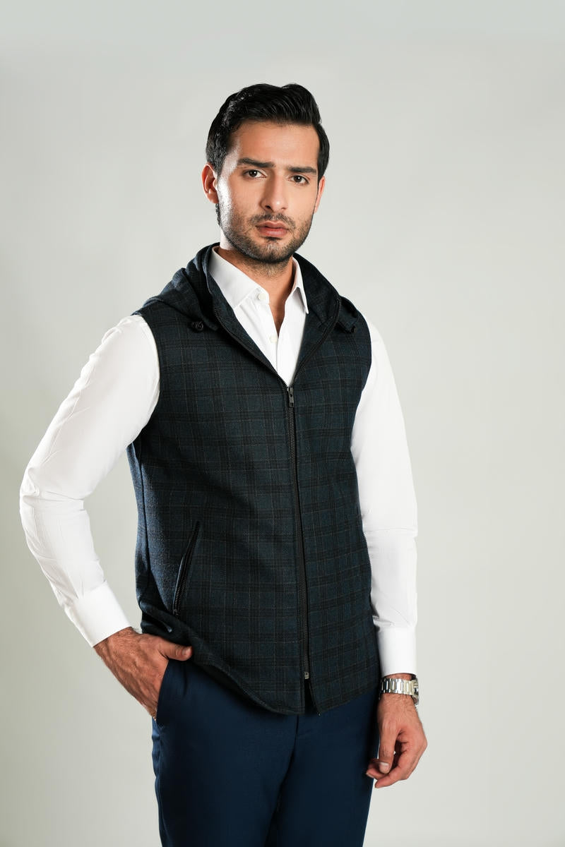 Lawrencepur blue checkered worsted tweed high neck sleeveless hoodie for winter.