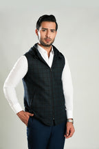 Lawrencepur blue checkered worsted tweed high neck sleeveless hoodie for winter.