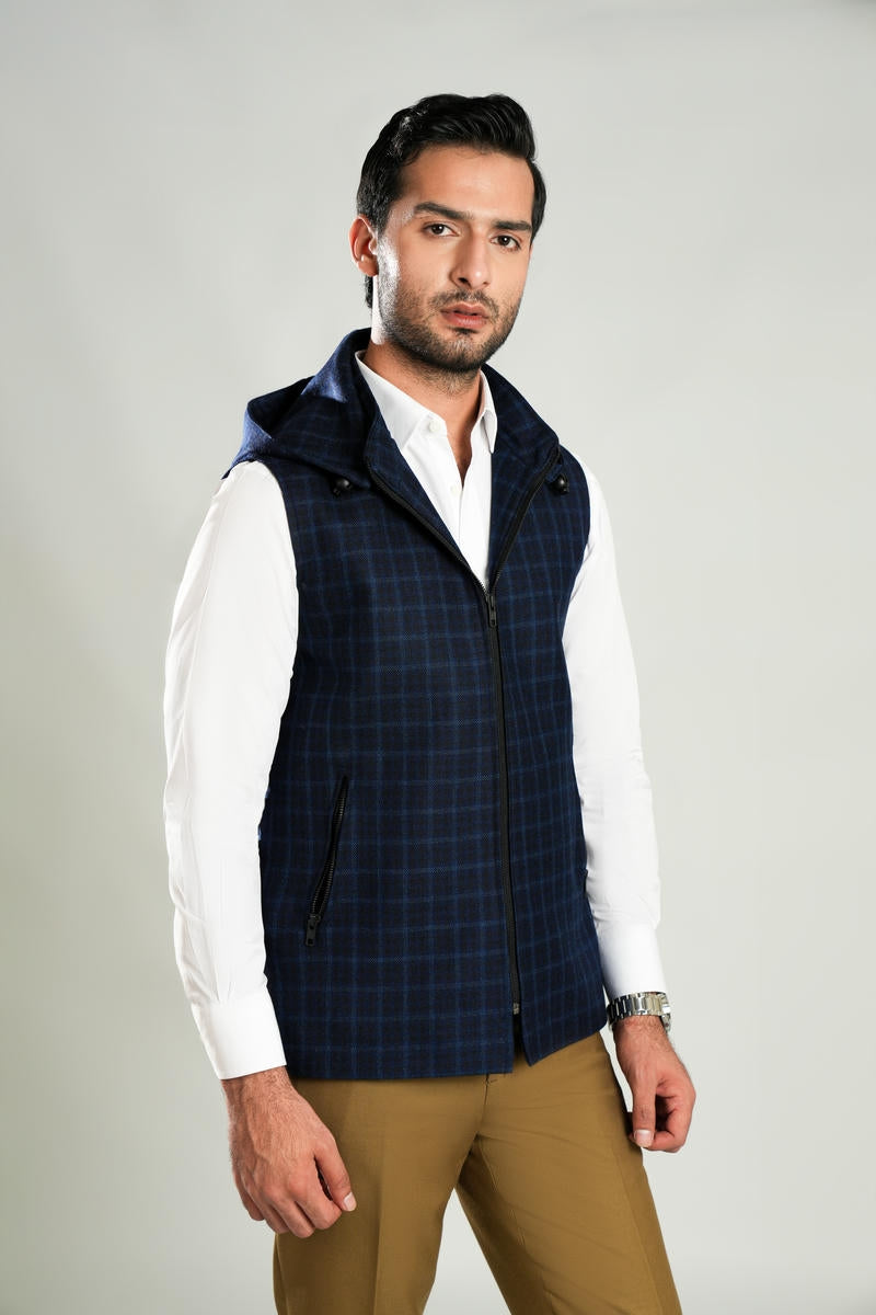Lawrencepur worsted tweed checkered high neck sleeveless hoodie for winter. Main image