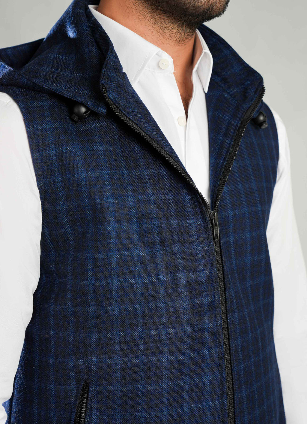 High Neck Sleeveless Hoodie - Worsted Tweed Checks, Winter Men Layer