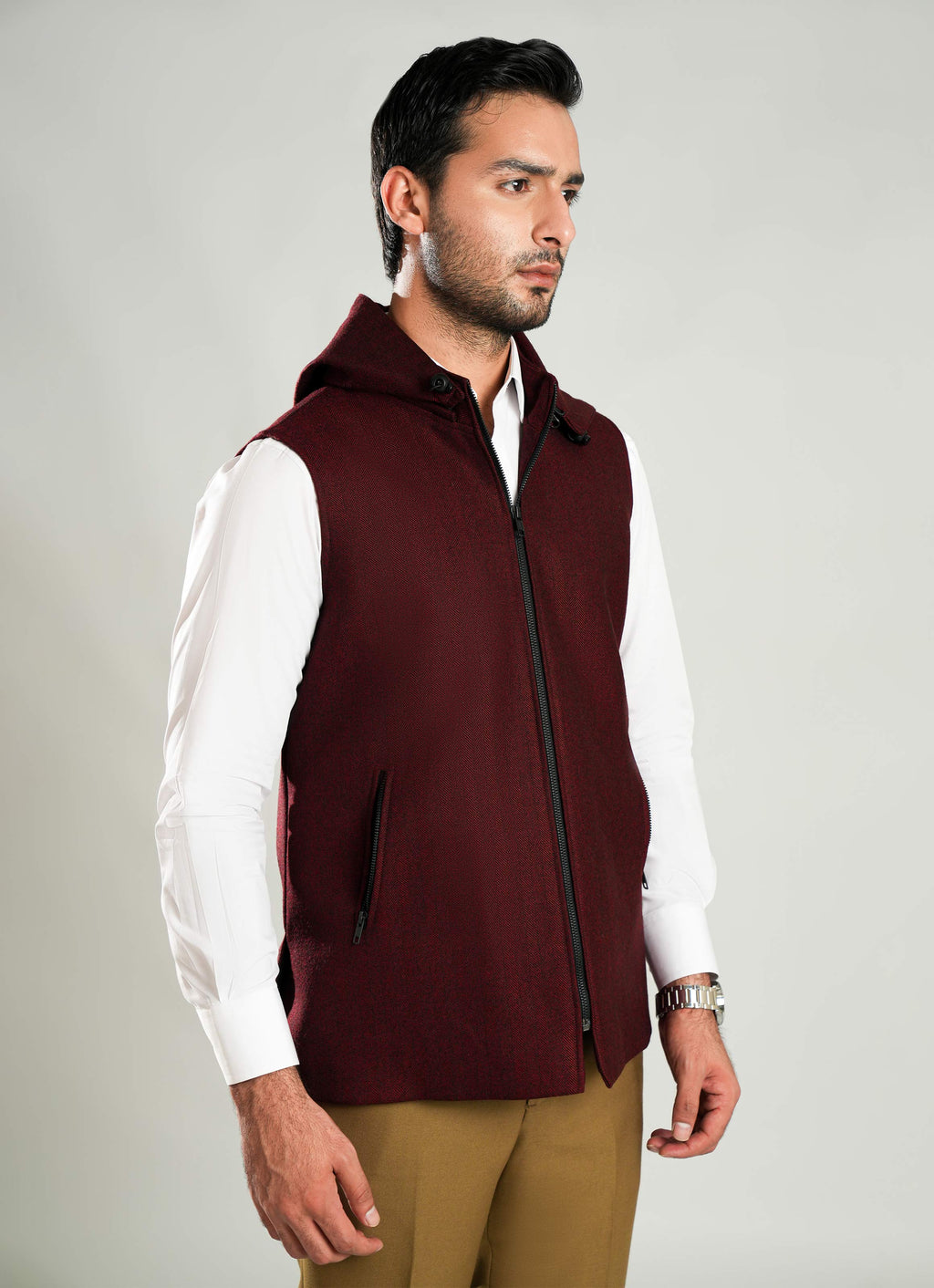 High Neck Sleeveless Hoodies - Worsted Tweed Maroon Herringbone