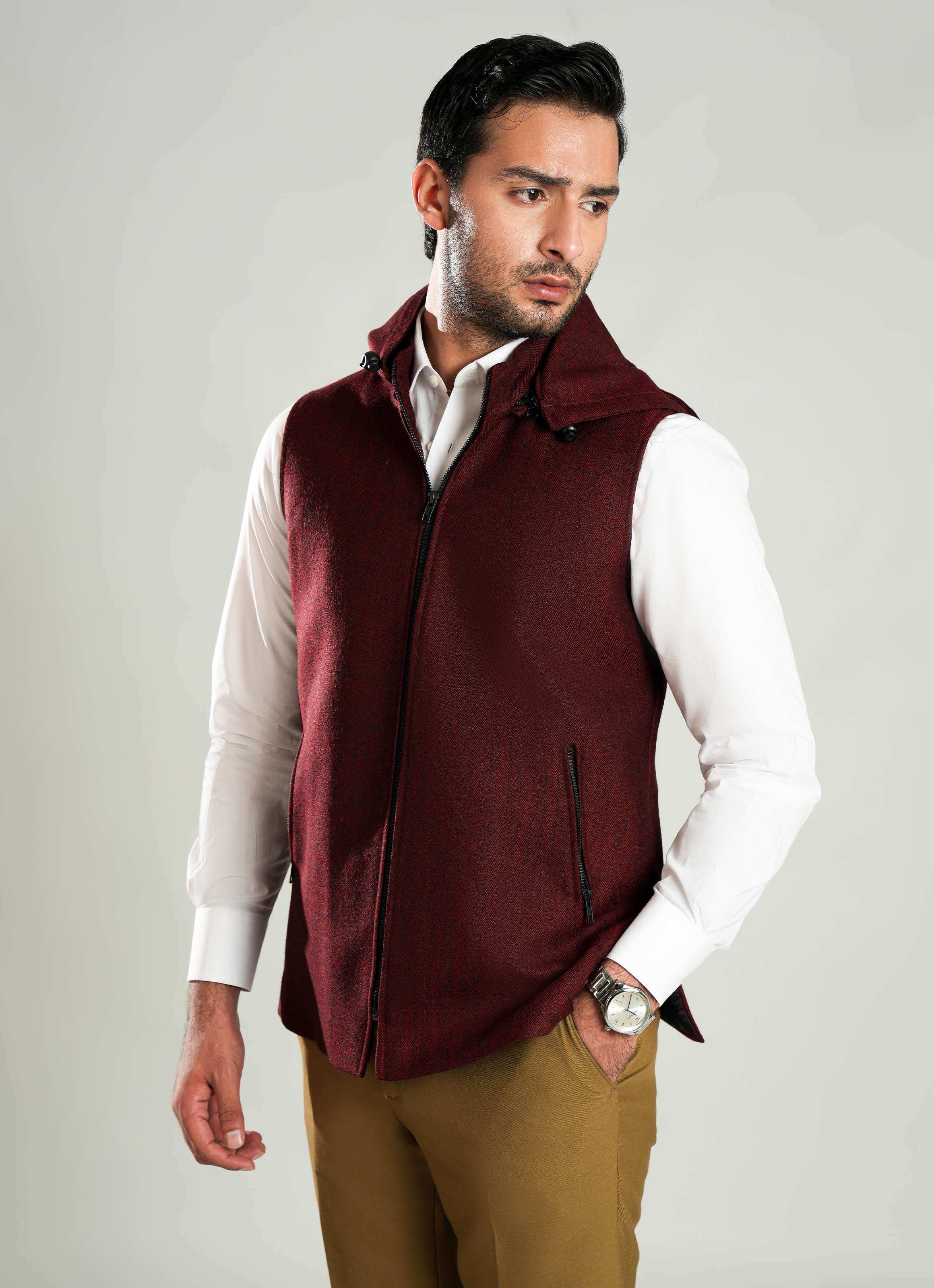 Lawrencepur maroon herringbone worsted tweed high neck sleeveless hoodie. Main image