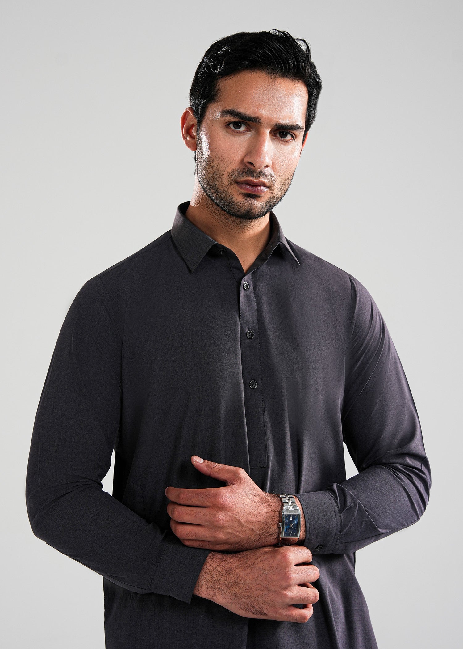 Charcoal Grey Melange Kunhaar Summer Wash & Wear Shalwar Kameez Secondary image