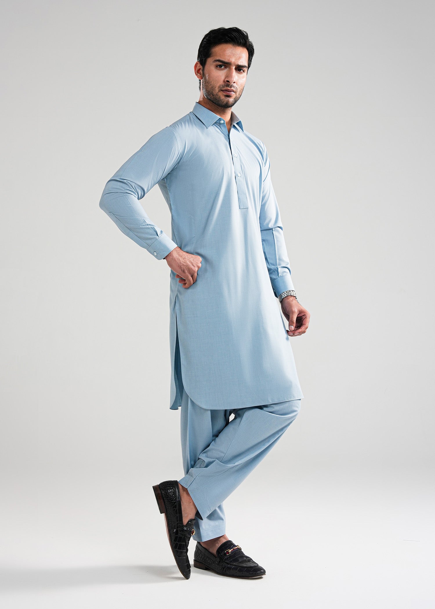 Light Blue Textured Kunhaar Summer Wash & Wear Shalwar Kameez