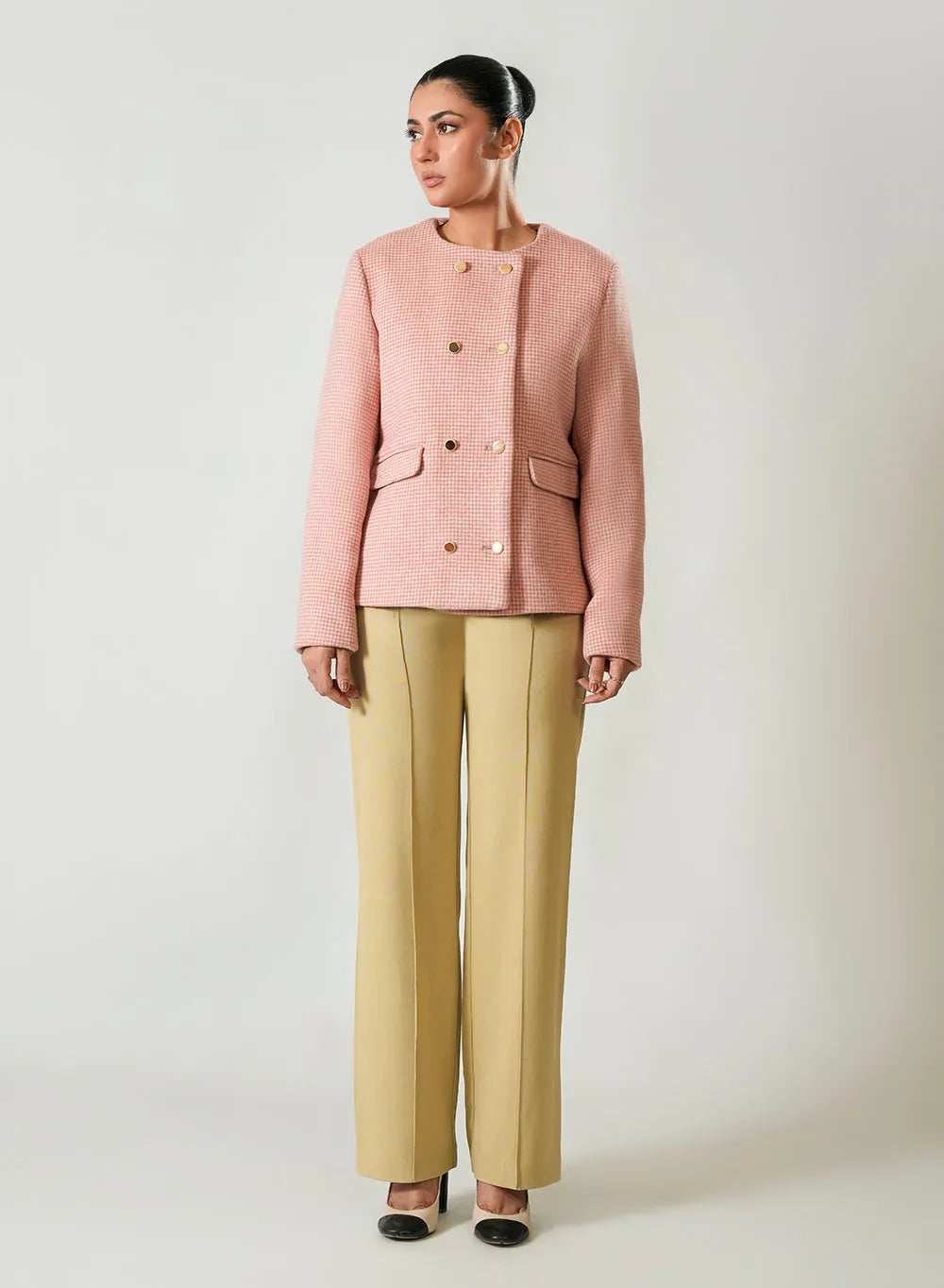 Women's Pink & White Checked Wool Fleece Jacket - Cozy Winter Outerwear