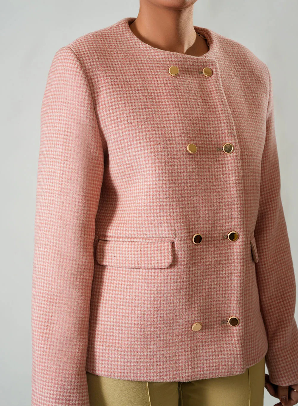 Women's Pink & White Checked Wool Fleece Jacket - Cozy Winter Outerwear