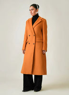 Women's Orange Lapel Collar Long Coat - Chic Winter Outerwear