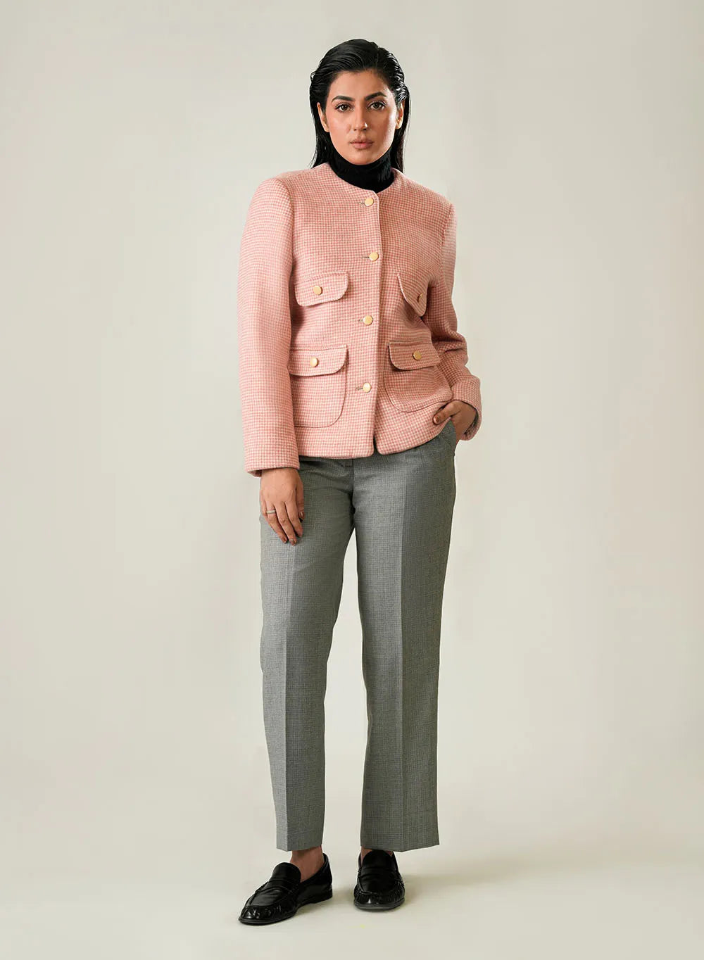 Women's Pink & White Checked Wool Fleece Jacket - Cozy Winter Essential