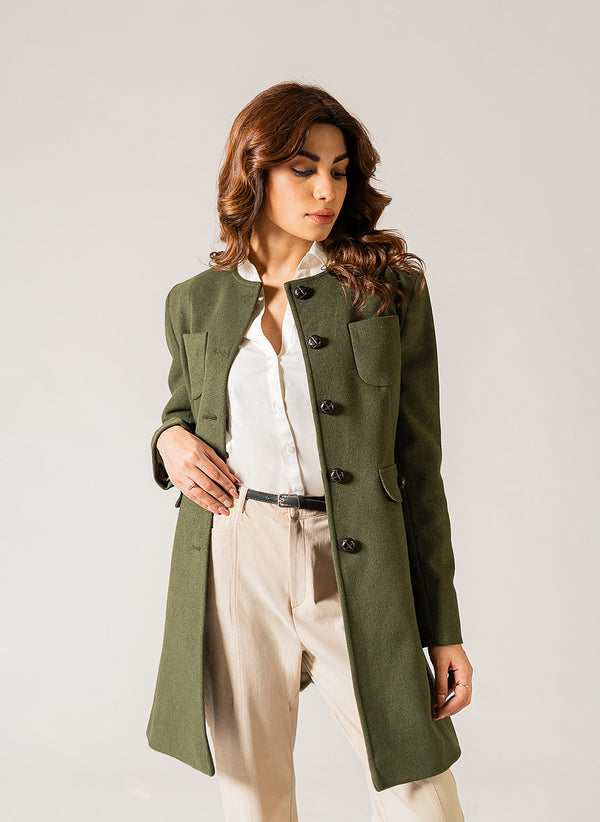 Ladies Long Coat - Woolen Fleece Green Plain