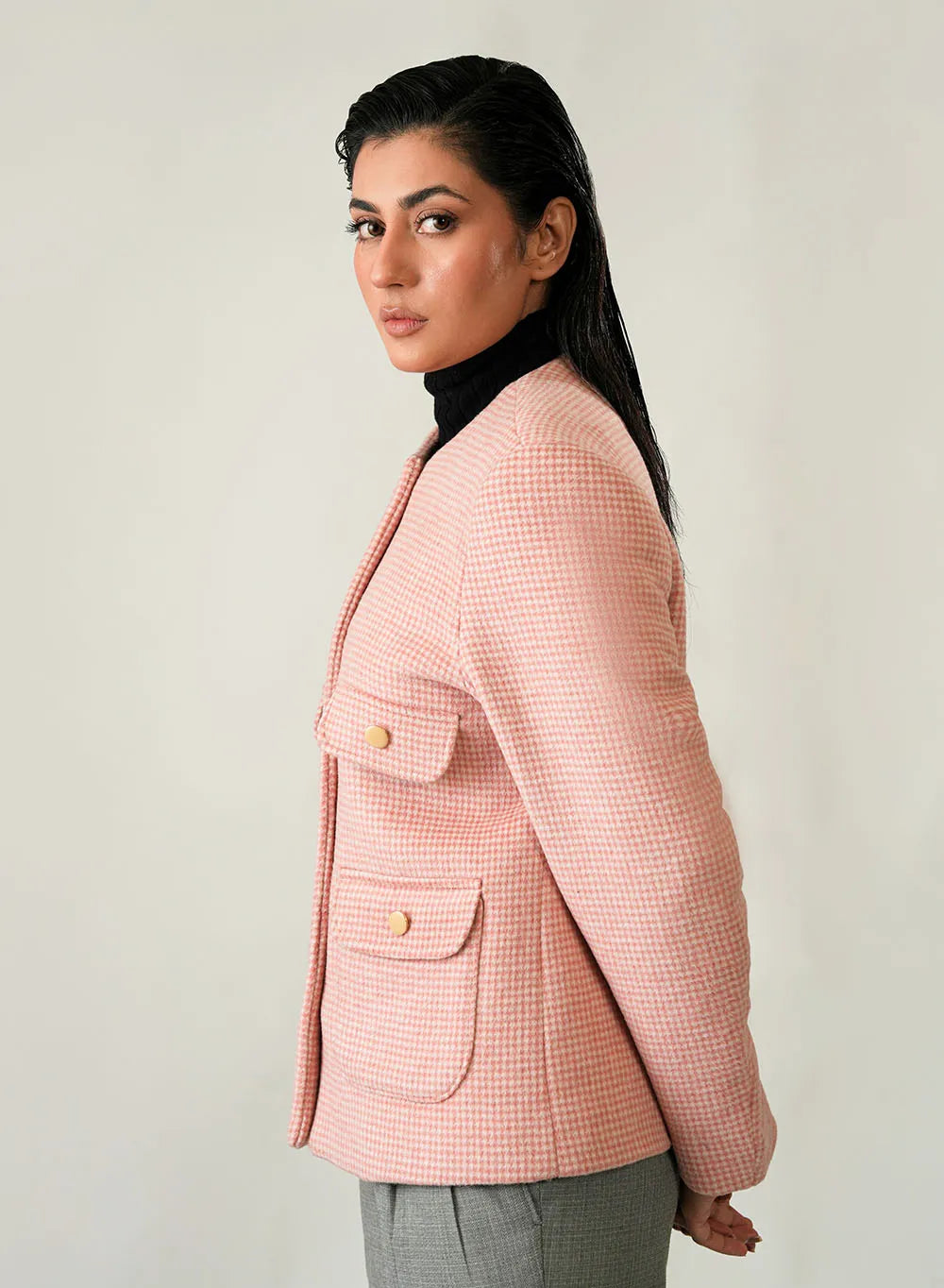 Women's Pink & White Checked Wool Fleece Jacket - Cozy Winter Essential