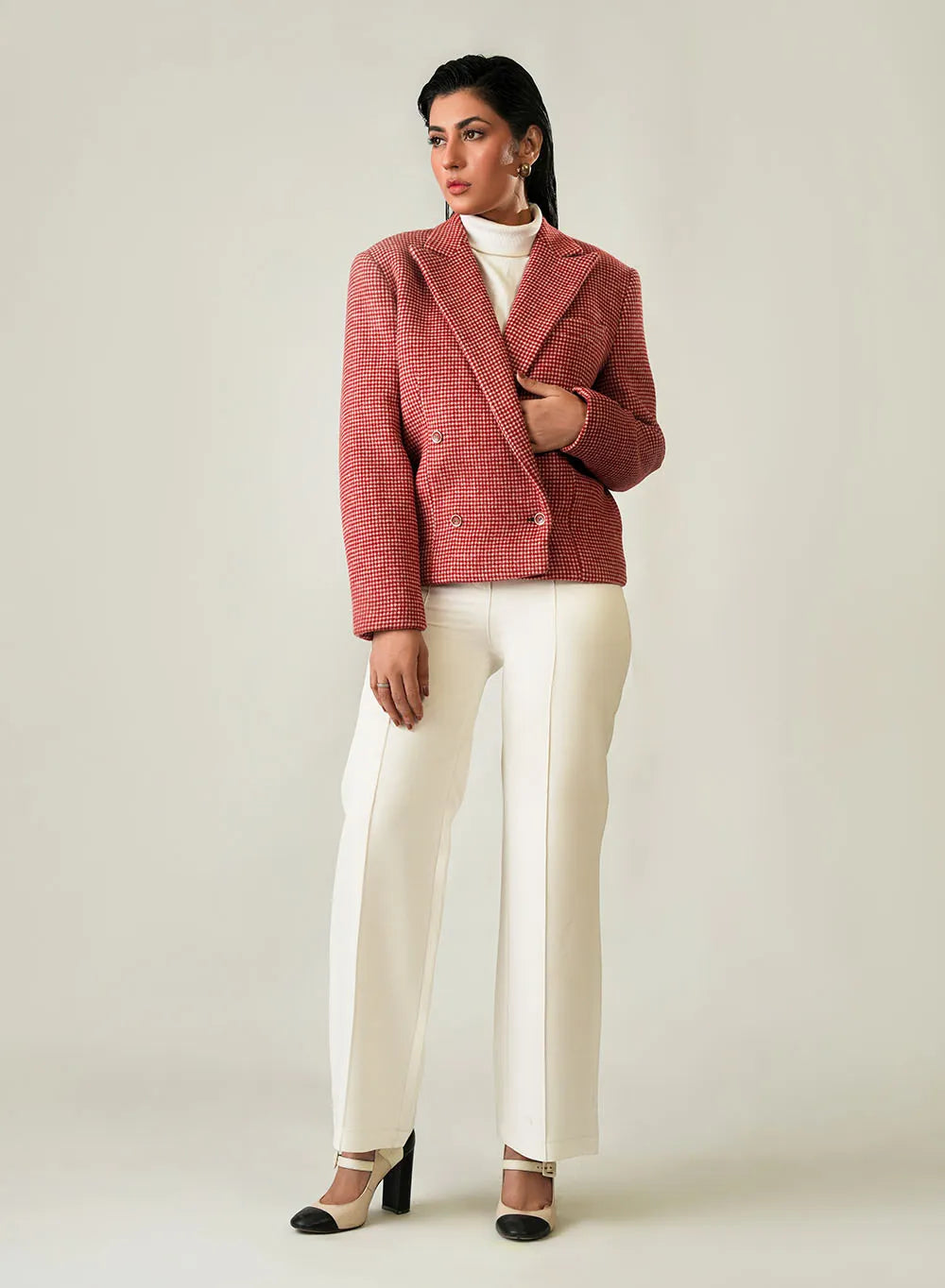 Women's Red & White Checked Wool Fleece Jacket - Trendy Winter Look