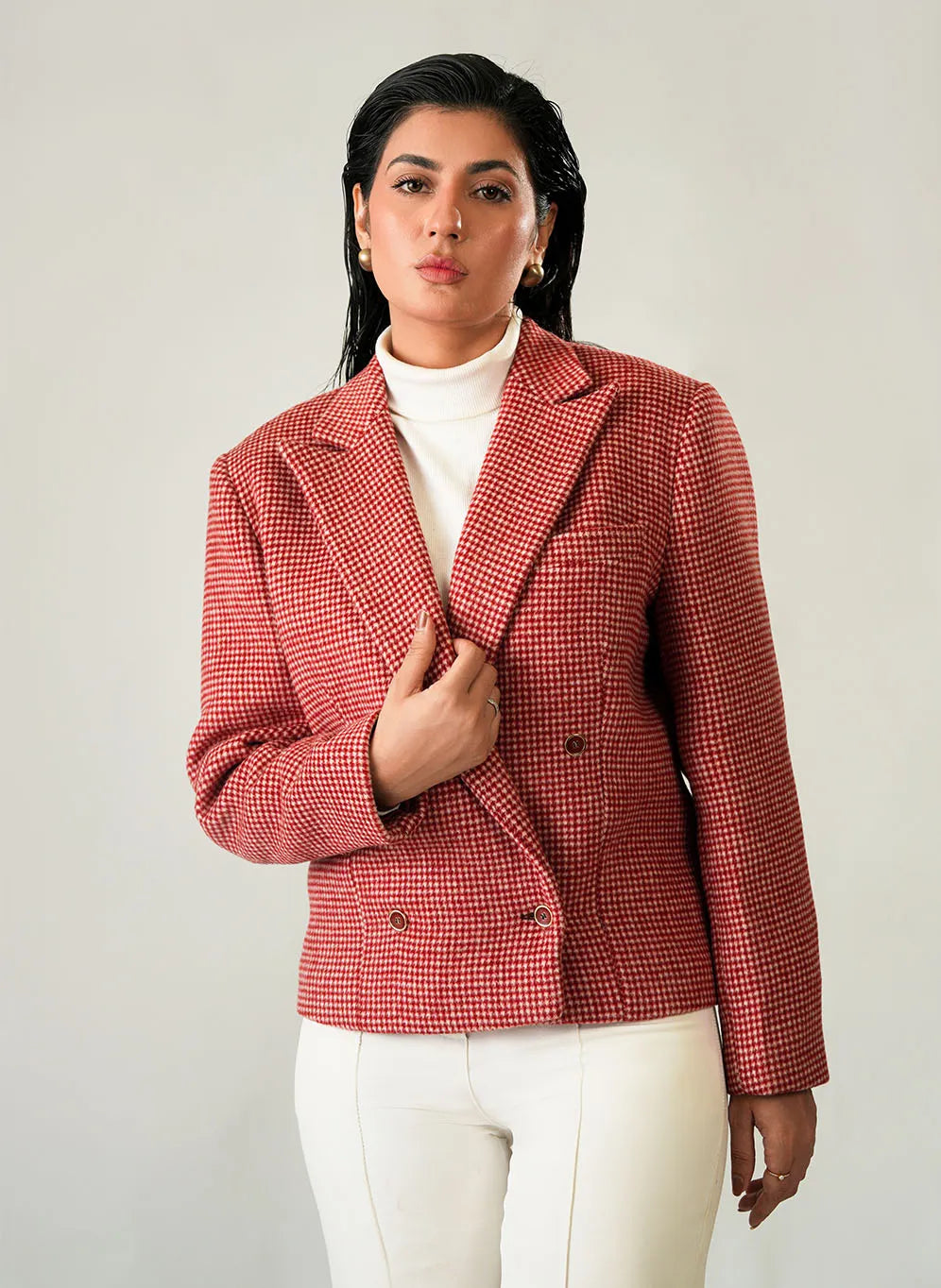Women's Red and White Checked Wool Fleece Jacket - Trendy Winter Look